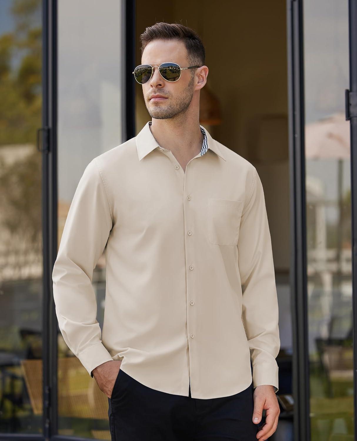 imageAlimens amp Gentle Mens Dress Shirts Long Sleeve Button Down Shirt Men Wrinkle Free Contrast Collar ShirtsKhaki
