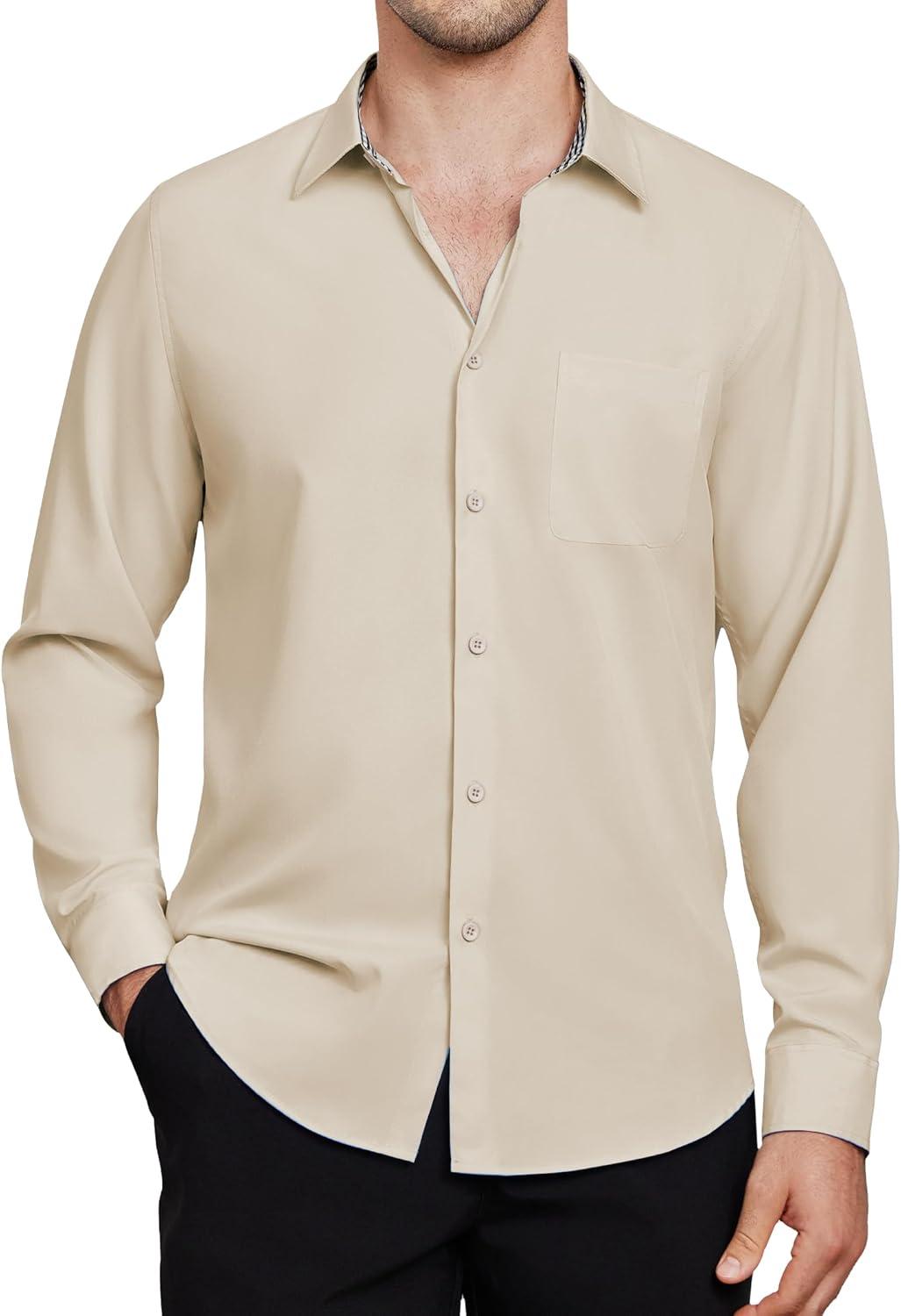 imageAlimens amp Gentle Mens Dress Shirts Long Sleeve Button Down Shirt Men Wrinkle Free Contrast Collar ShirtsKhaki