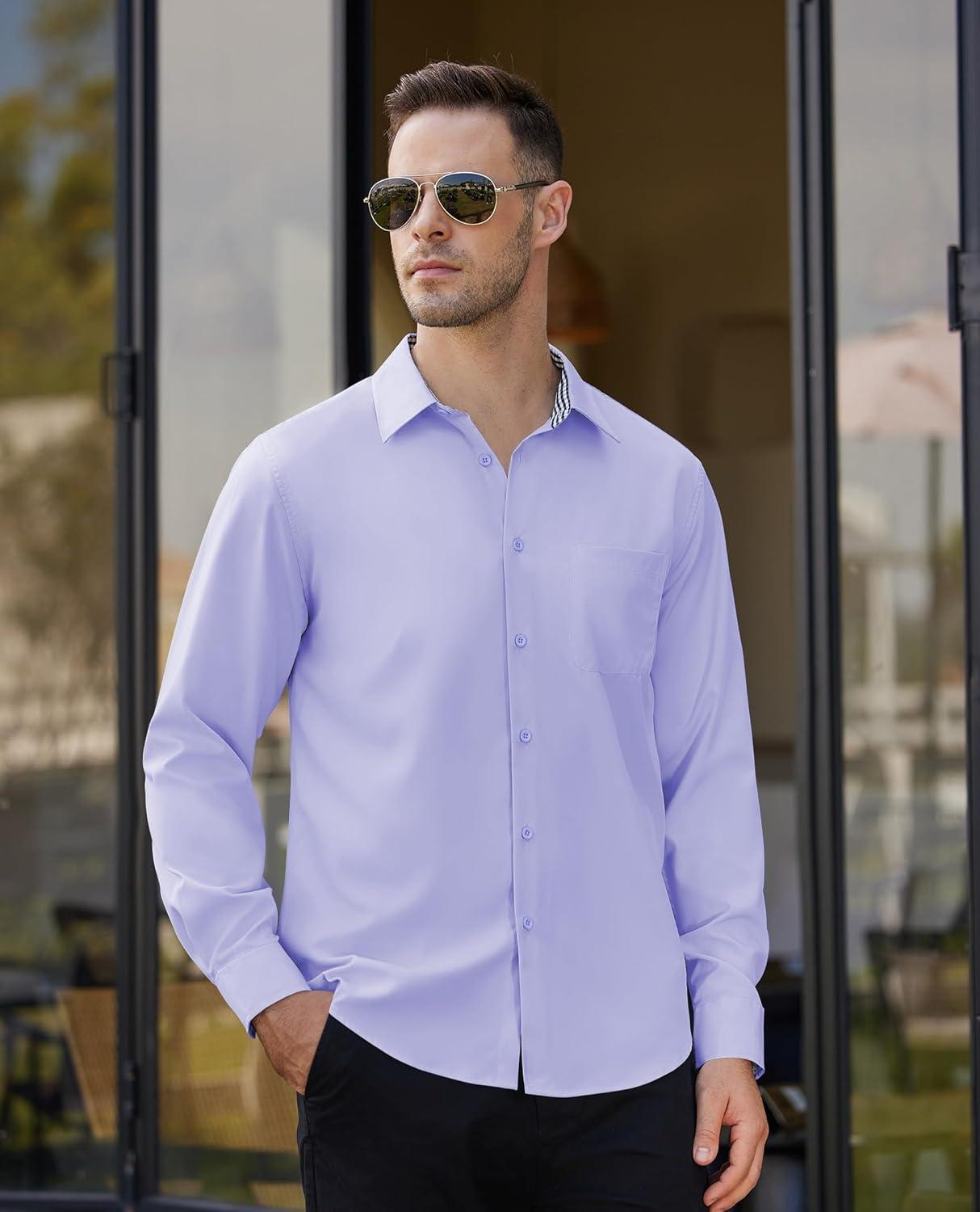 imageAlimens amp Gentle Mens Dress Shirts Long Sleeve Button Down Shirt Men Wrinkle Free Contrast Collar ShirtsLavender