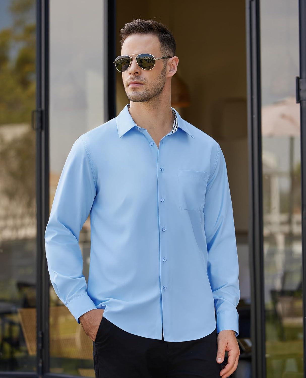 imageAlimens amp Gentle Mens Dress Shirts Long Sleeve Button Down Shirt Men Wrinkle Free Contrast Collar ShirtsLight Blue