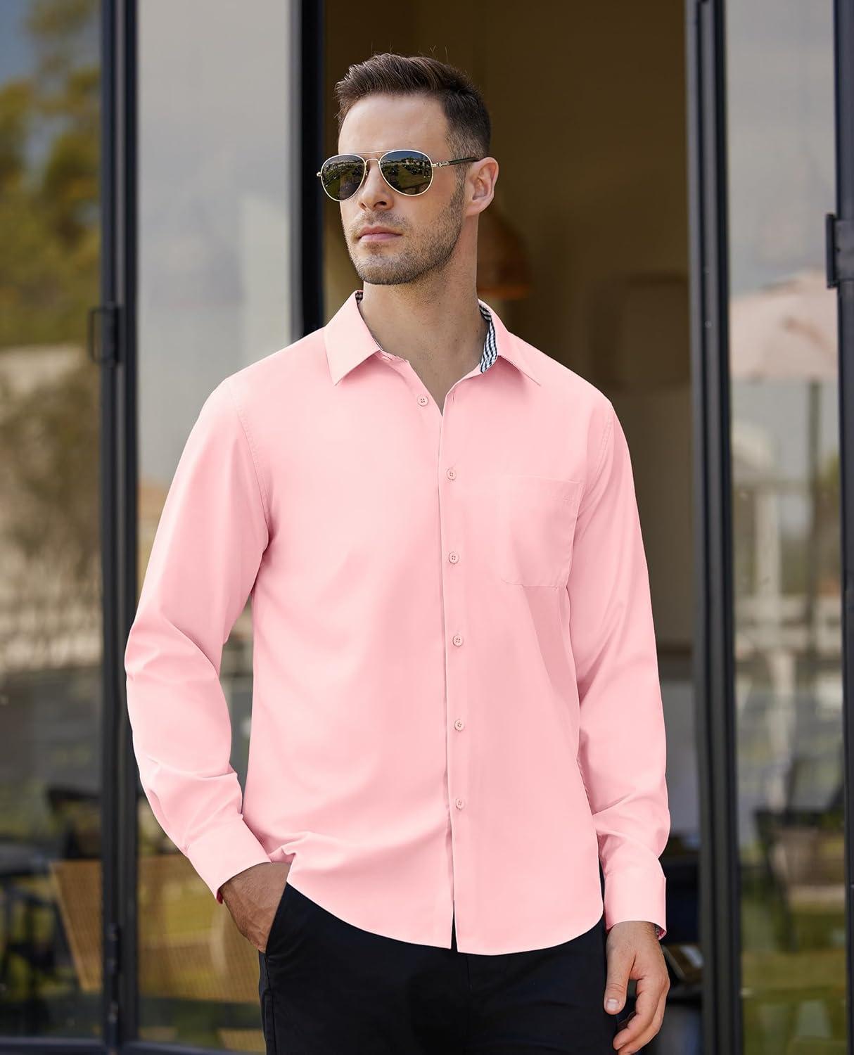 imageAlimens amp Gentle Mens Dress Shirts Long Sleeve Button Down Shirt Men Wrinkle Free Contrast Collar ShirtsPink