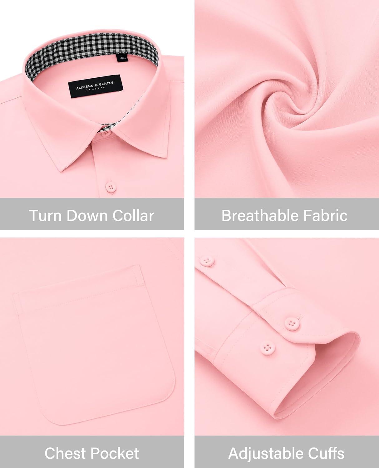imageAlimens amp Gentle Mens Dress Shirts Long Sleeve Button Down Shirt Men Wrinkle Free Contrast Collar ShirtsPink