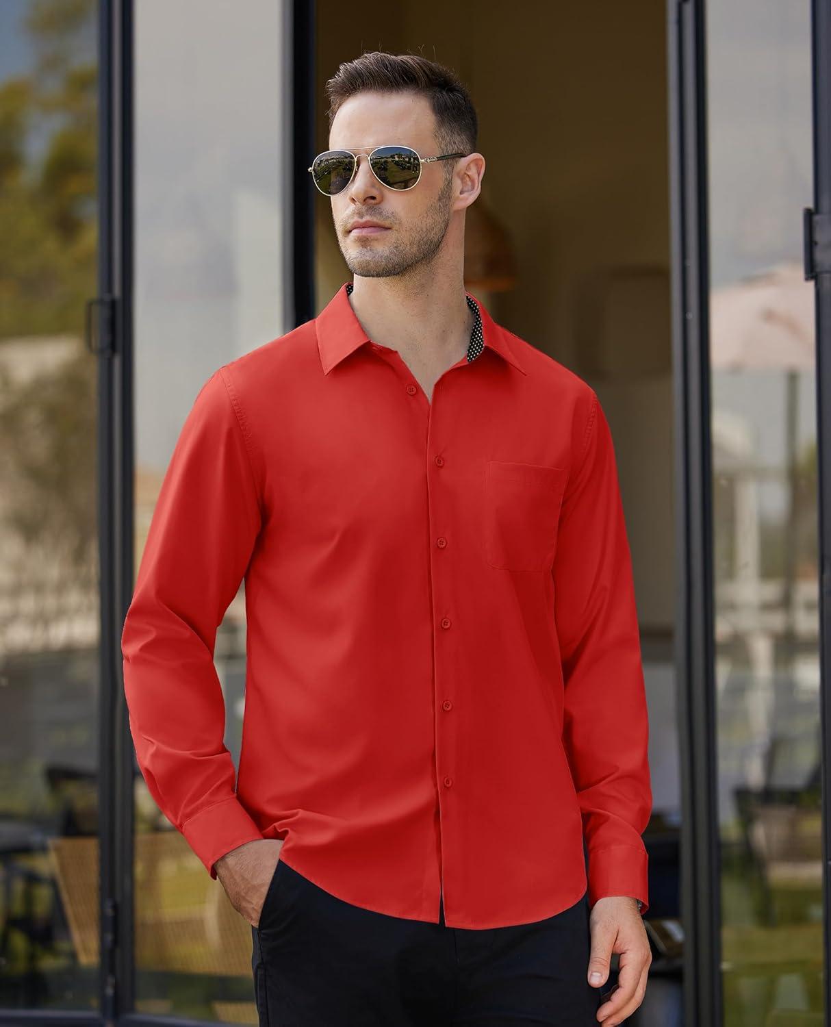 imageAlimens amp Gentle Mens Dress Shirts Long Sleeve Button Down Shirt Men Wrinkle Free Contrast Collar ShirtsRedblack Polka Dots