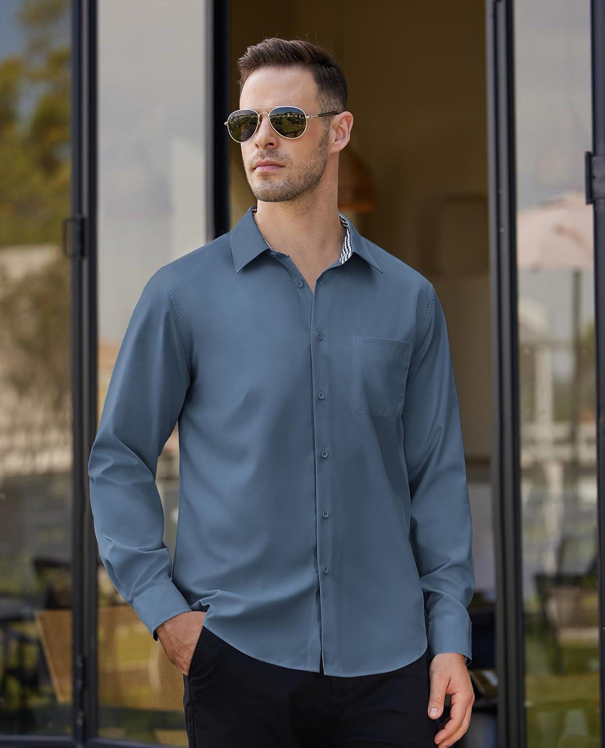 imageAlimens amp Gentle Mens Dress Shirts Long Sleeve Button Down Shirt Men Wrinkle Free Contrast Collar ShirtsSteel Blue