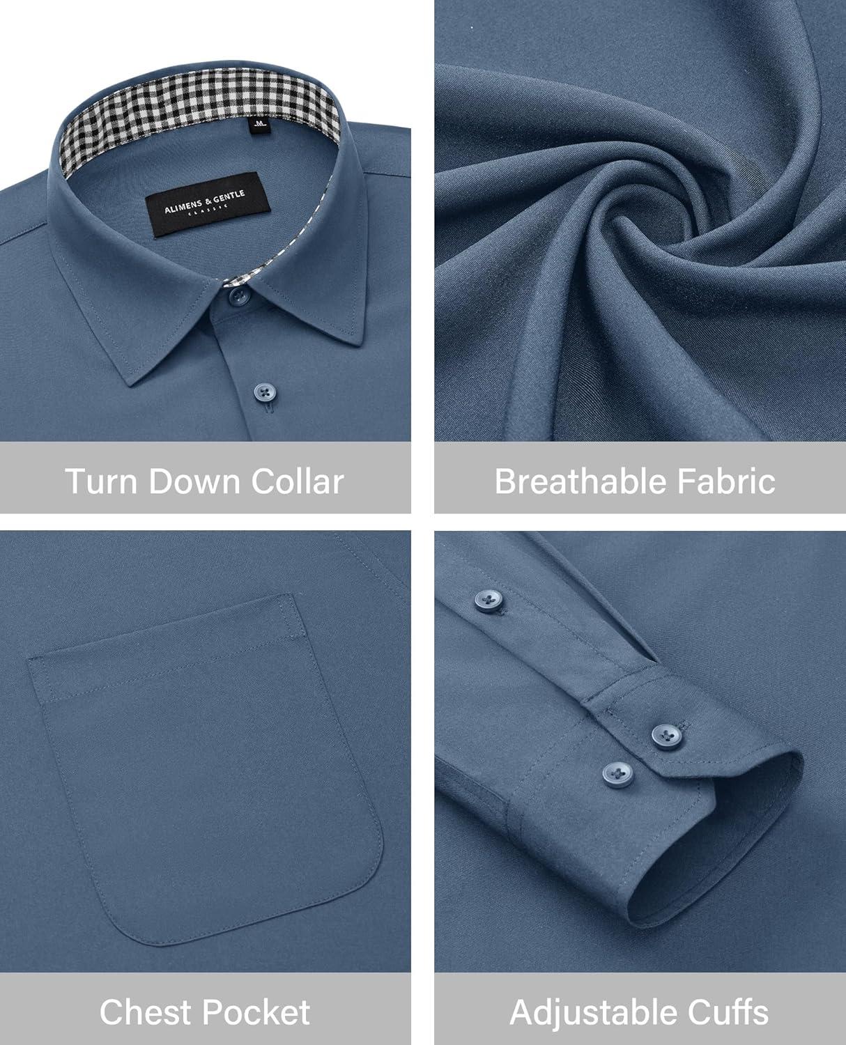 imageAlimens amp Gentle Mens Dress Shirts Long Sleeve Button Down Shirt Men Wrinkle Free Contrast Collar ShirtsSteel Blue