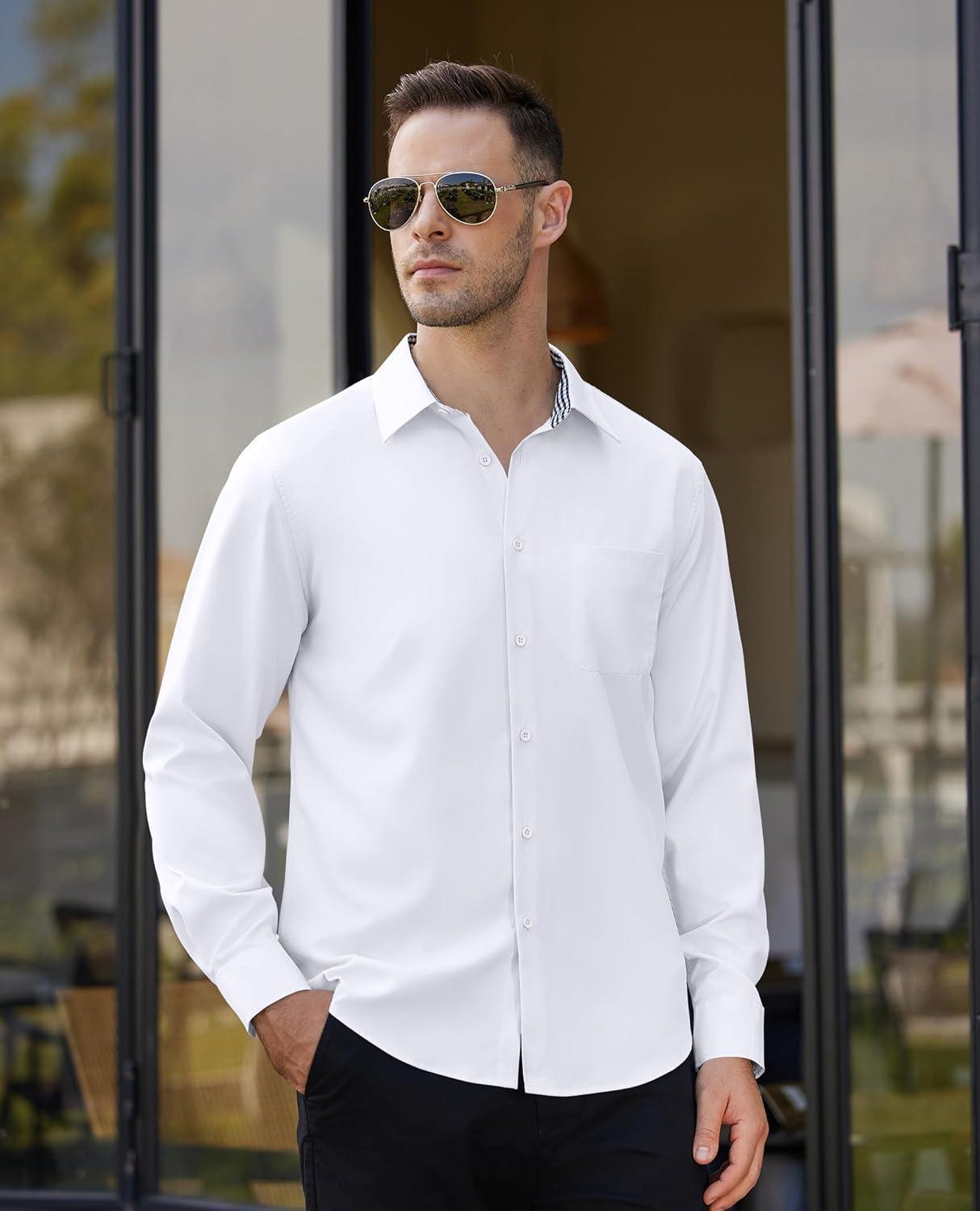 imageAlimens amp Gentle Mens Dress Shirts Long Sleeve Button Down Shirt Men Wrinkle Free Contrast Collar ShirtsWhite