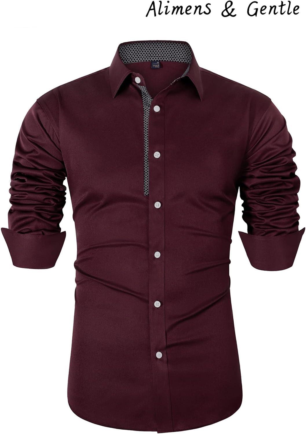 imageAlimens amp Gentle Mens Dress Shirts Long Sleeve Stretch WrinkleFree Business Casual Collar Contrast Button Down ShirtWine