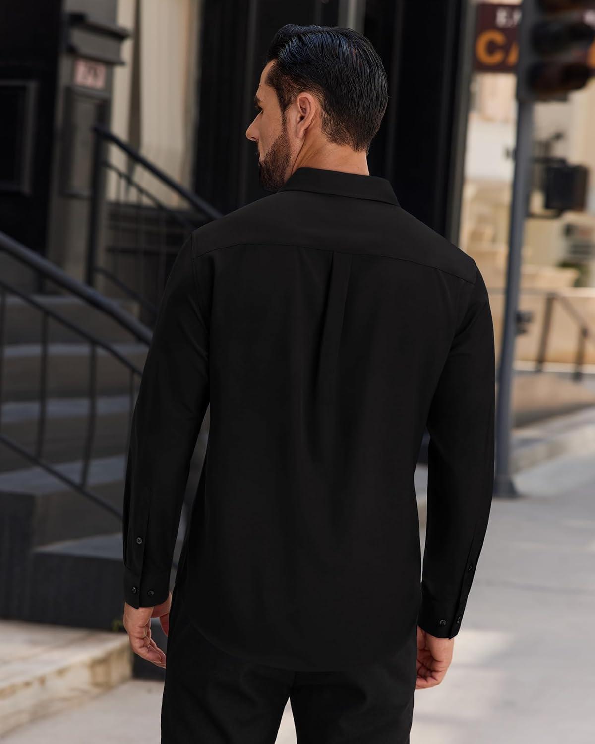 imageAlimens amp Gentle Mens Dress Shirts Long Sleeve Wrinkle Free Stretch Solid Button Down Shirt Casual Wedding Dating Dress ShirtBlack