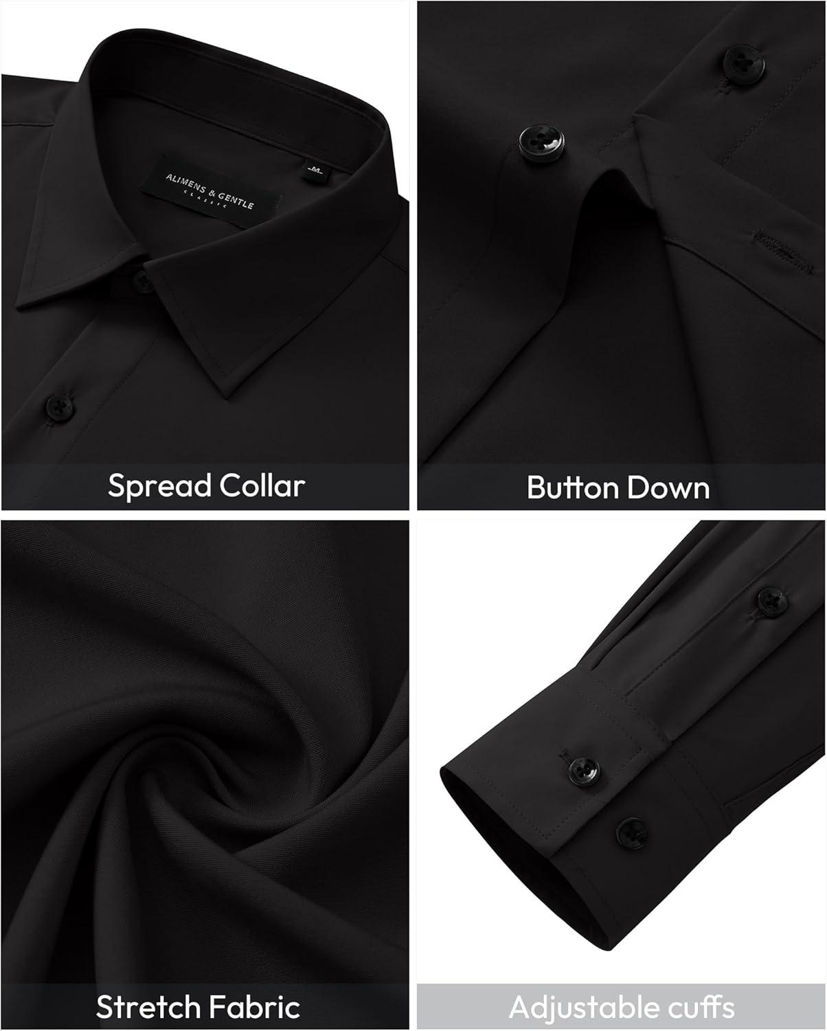 imageAlimens amp Gentle Mens Dress Shirts Long Sleeve Wrinkle Free Stretch Solid Button Down Shirt Casual Wedding Dating Dress ShirtBlack