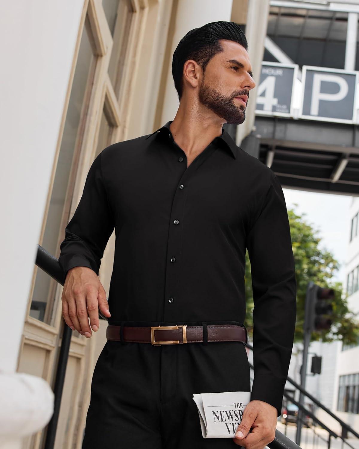 imageAlimens amp Gentle Mens Dress Shirts Long Sleeve Wrinkle Free Stretch Solid Button Down Shirt Casual Wedding Dating Dress ShirtBlack