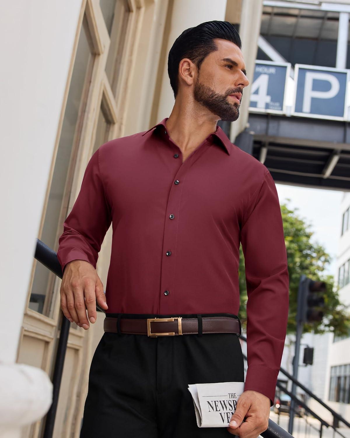 imageAlimens amp Gentle Mens Dress Shirts Long Sleeve Wrinkle Free Stretch Solid Button Down Shirt Casual Wedding Dating Dress ShirtBurgundy