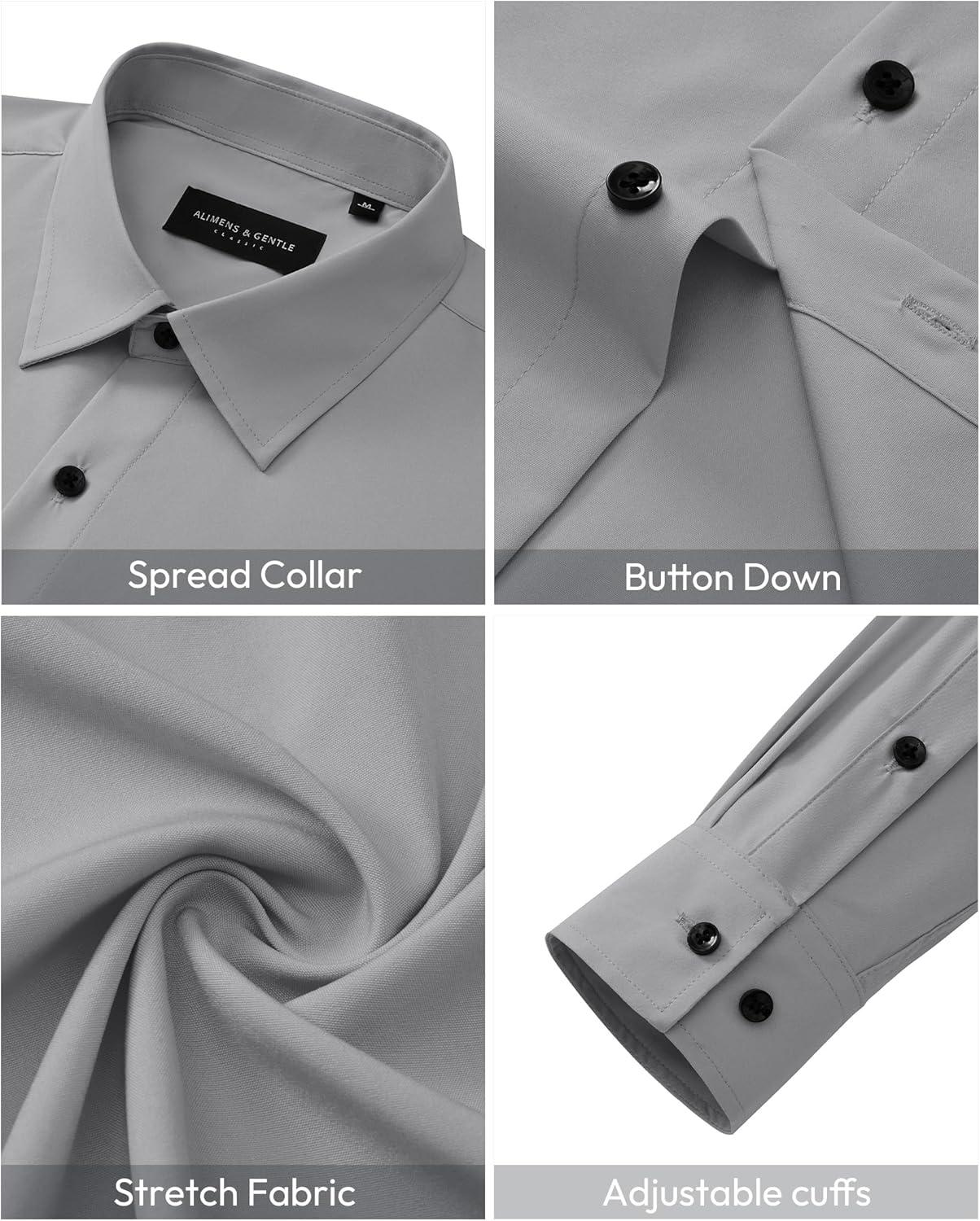 imageAlimens amp Gentle Mens Dress Shirts Long Sleeve Wrinkle Free Stretch Solid Button Down Shirt Casual Wedding Dating Dress ShirtGrey