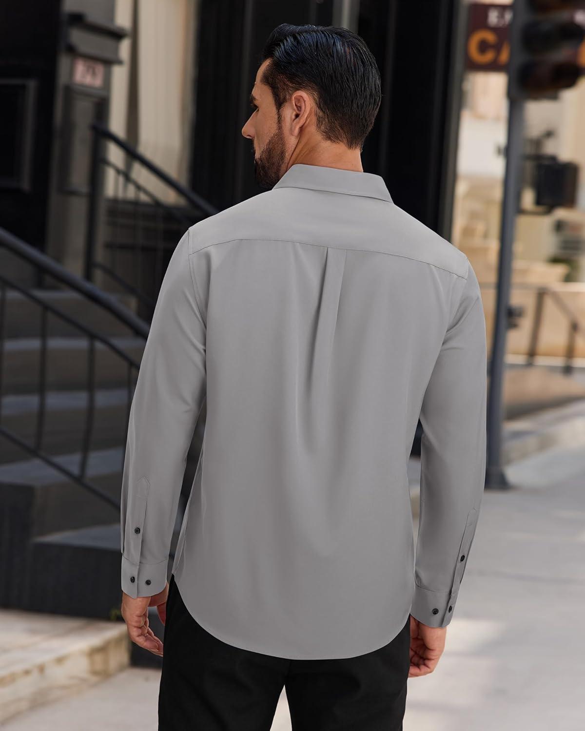 imageAlimens amp Gentle Mens Dress Shirts Long Sleeve Wrinkle Free Stretch Solid Button Down Shirt Casual Wedding Dating Dress ShirtGrey