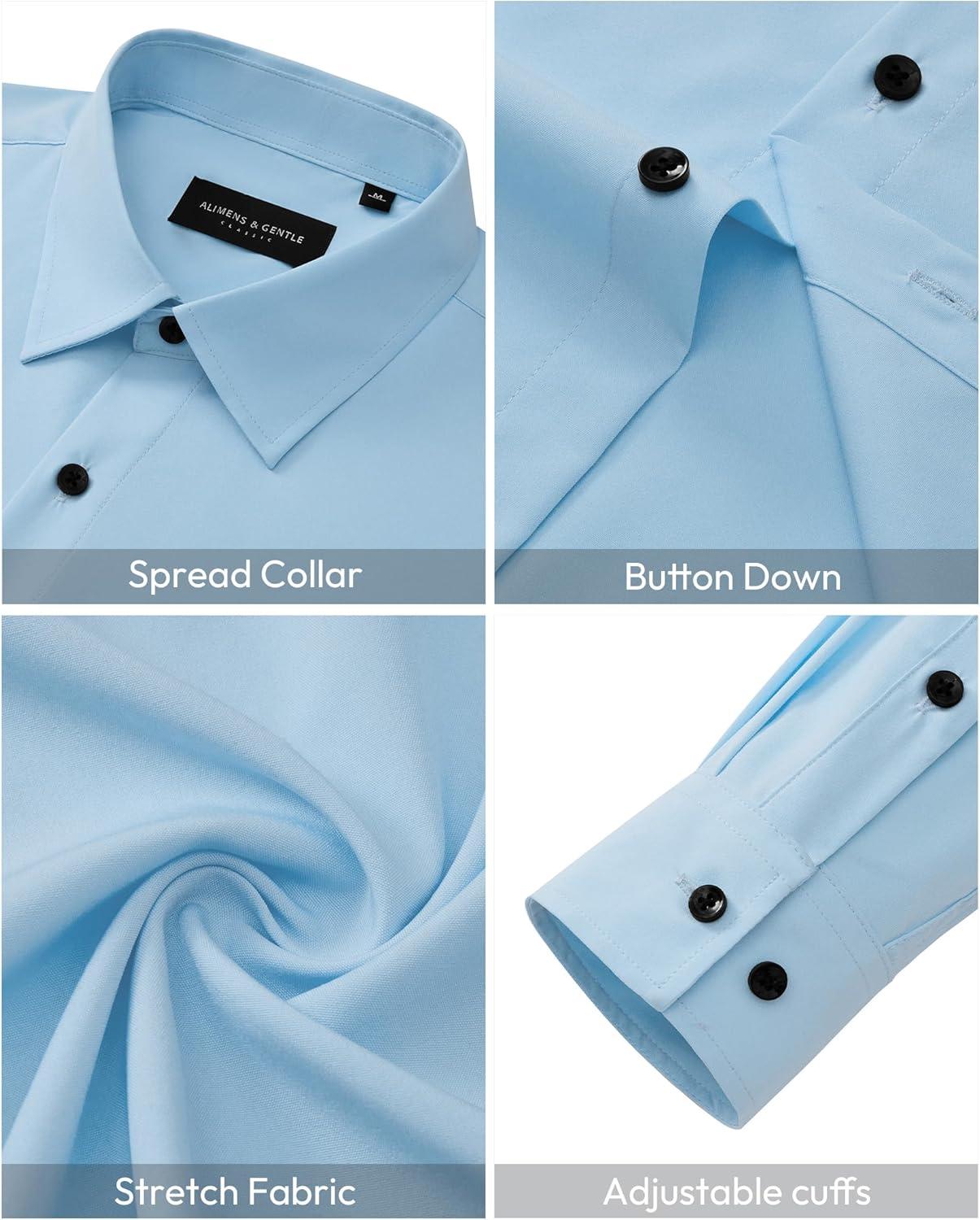 imageAlimens amp Gentle Mens Dress Shirts Long Sleeve Wrinkle Free Stretch Solid Button Down Shirt Casual Wedding Dating Dress ShirtLight Blue