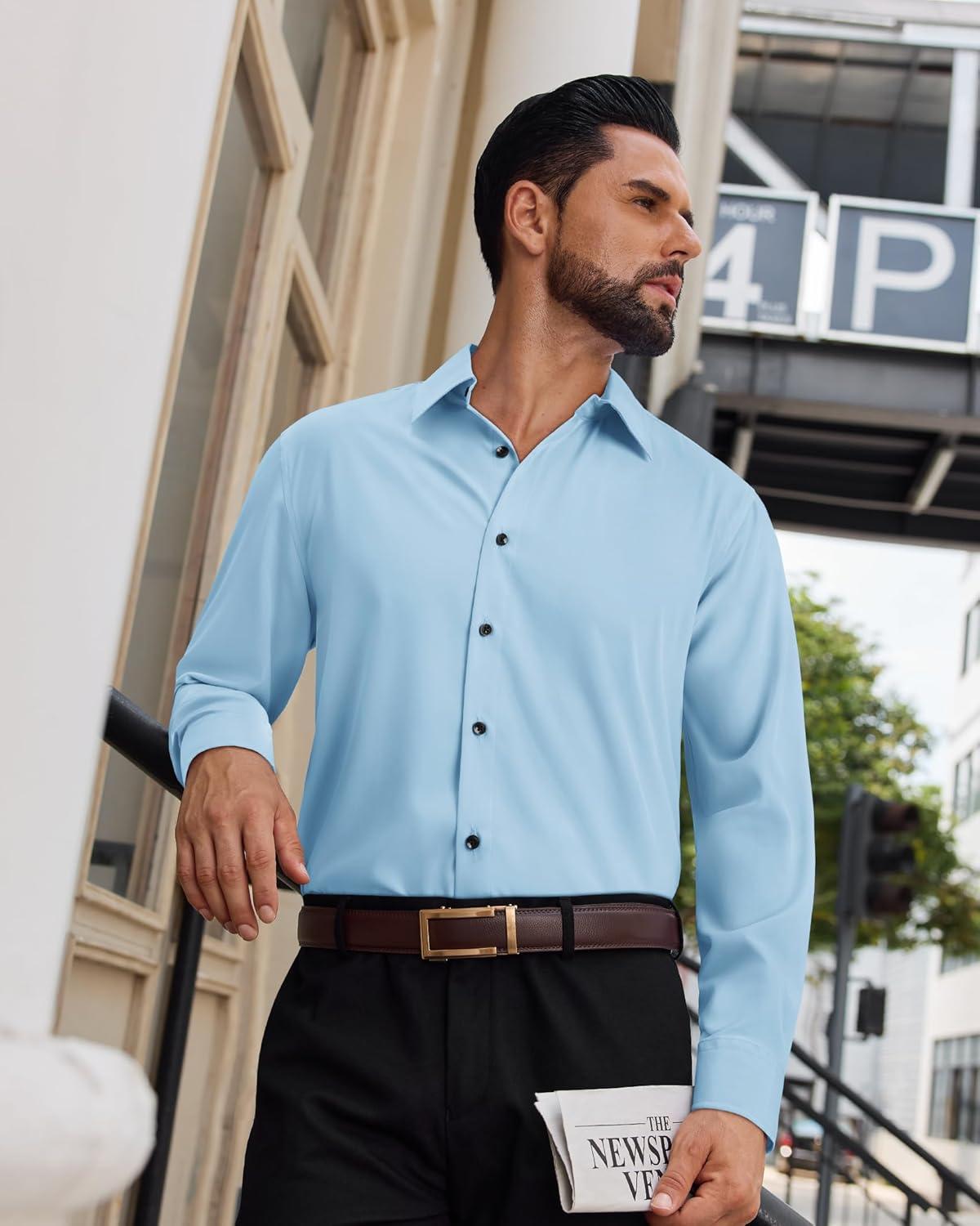 imageAlimens amp Gentle Mens Dress Shirts Long Sleeve Wrinkle Free Stretch Solid Button Down Shirt Casual Wedding Dating Dress ShirtLight Blue