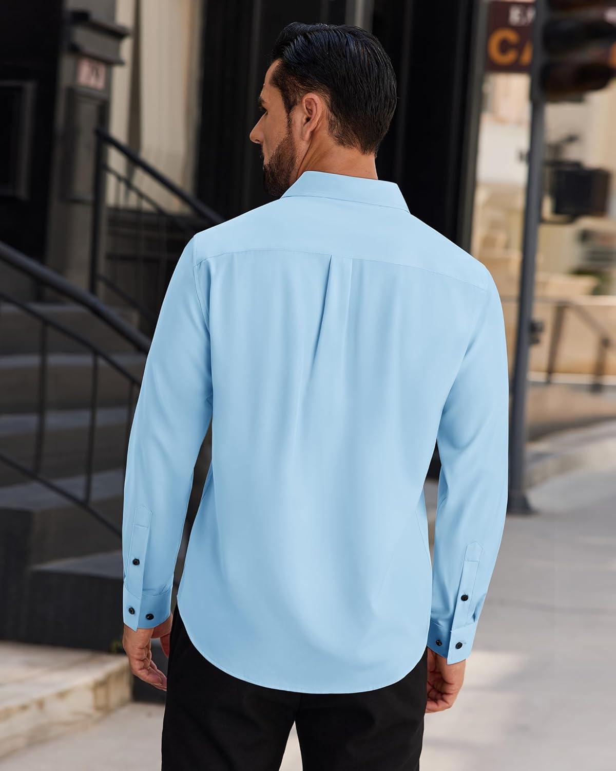 imageAlimens amp Gentle Mens Dress Shirts Long Sleeve Wrinkle Free Stretch Solid Button Down Shirt Casual Wedding Dating Dress ShirtLight Blue