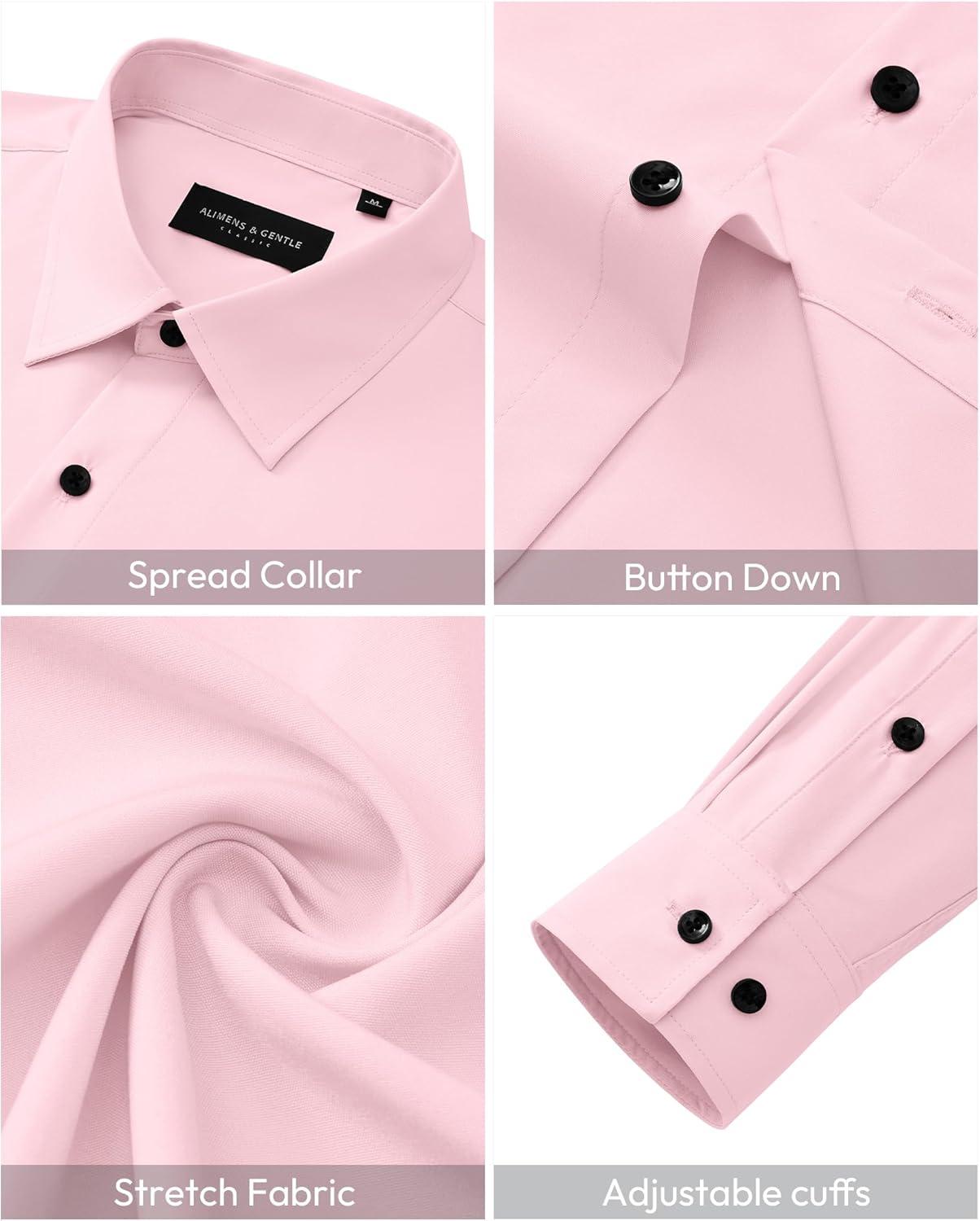 imageAlimens amp Gentle Mens Dress Shirts Long Sleeve Wrinkle Free Stretch Solid Button Down Shirt Casual Wedding Dating Dress ShirtLight Pink