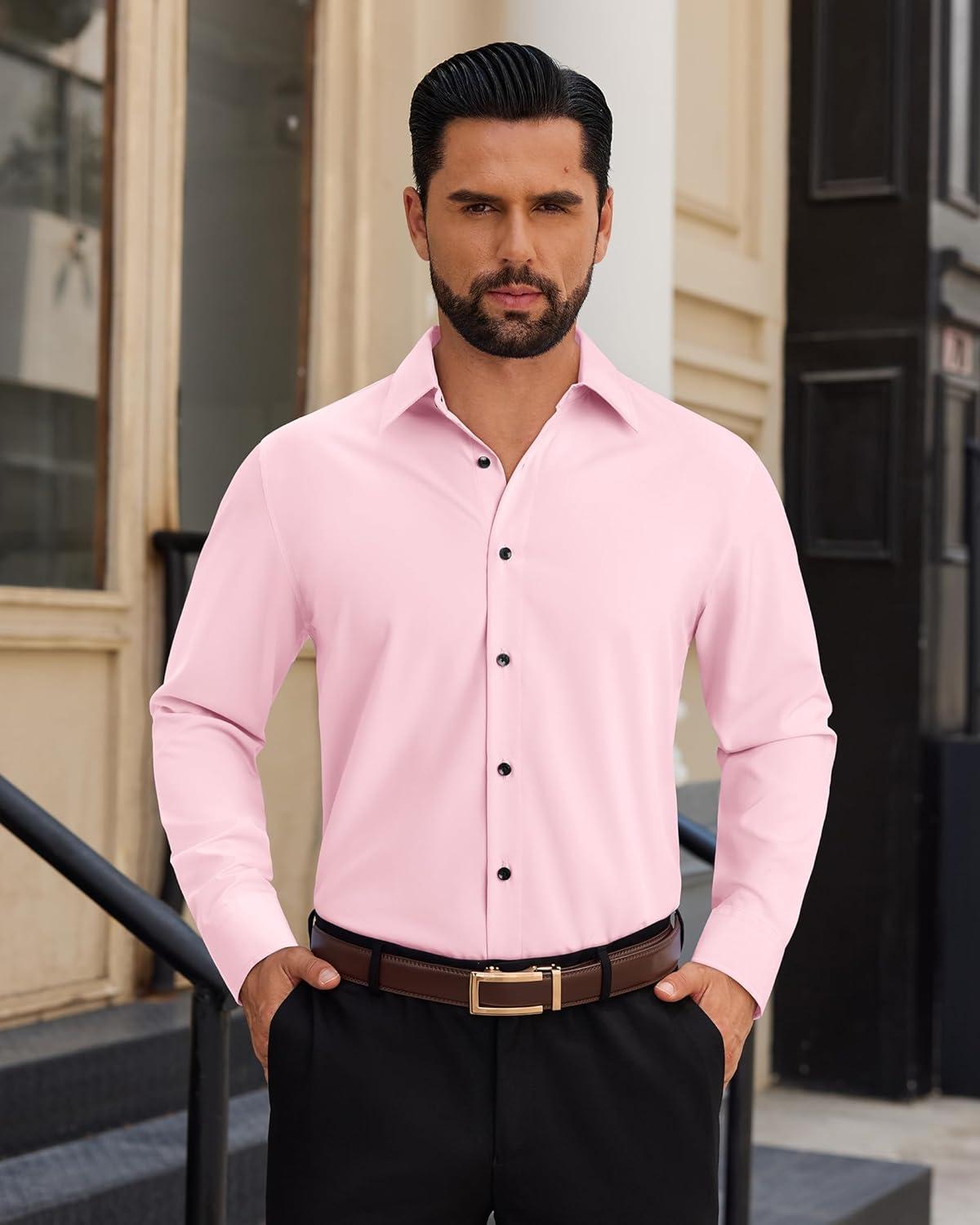 imageAlimens amp Gentle Mens Dress Shirts Long Sleeve Wrinkle Free Stretch Solid Button Down Shirt Casual Wedding Dating Dress ShirtLight Pink