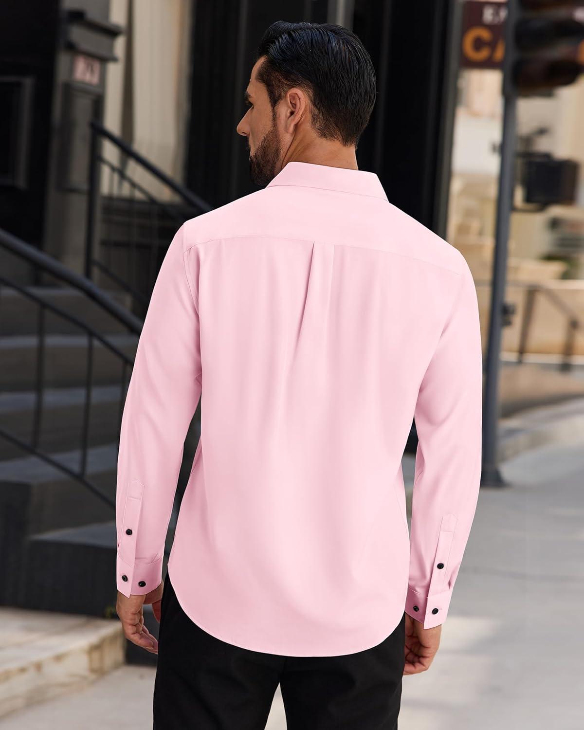 imageAlimens amp Gentle Mens Dress Shirts Long Sleeve Wrinkle Free Stretch Solid Button Down Shirt Casual Wedding Dating Dress ShirtLight Pink