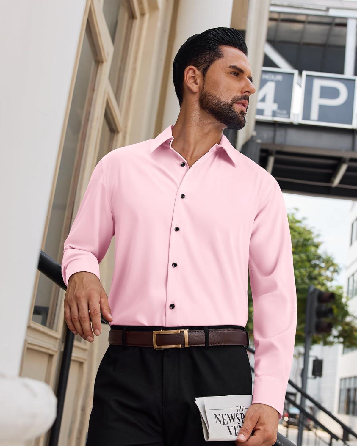 imageAlimens amp Gentle Mens Dress Shirts Long Sleeve Wrinkle Free Stretch Solid Button Down Shirt Casual Wedding Dating Dress ShirtLight Pink