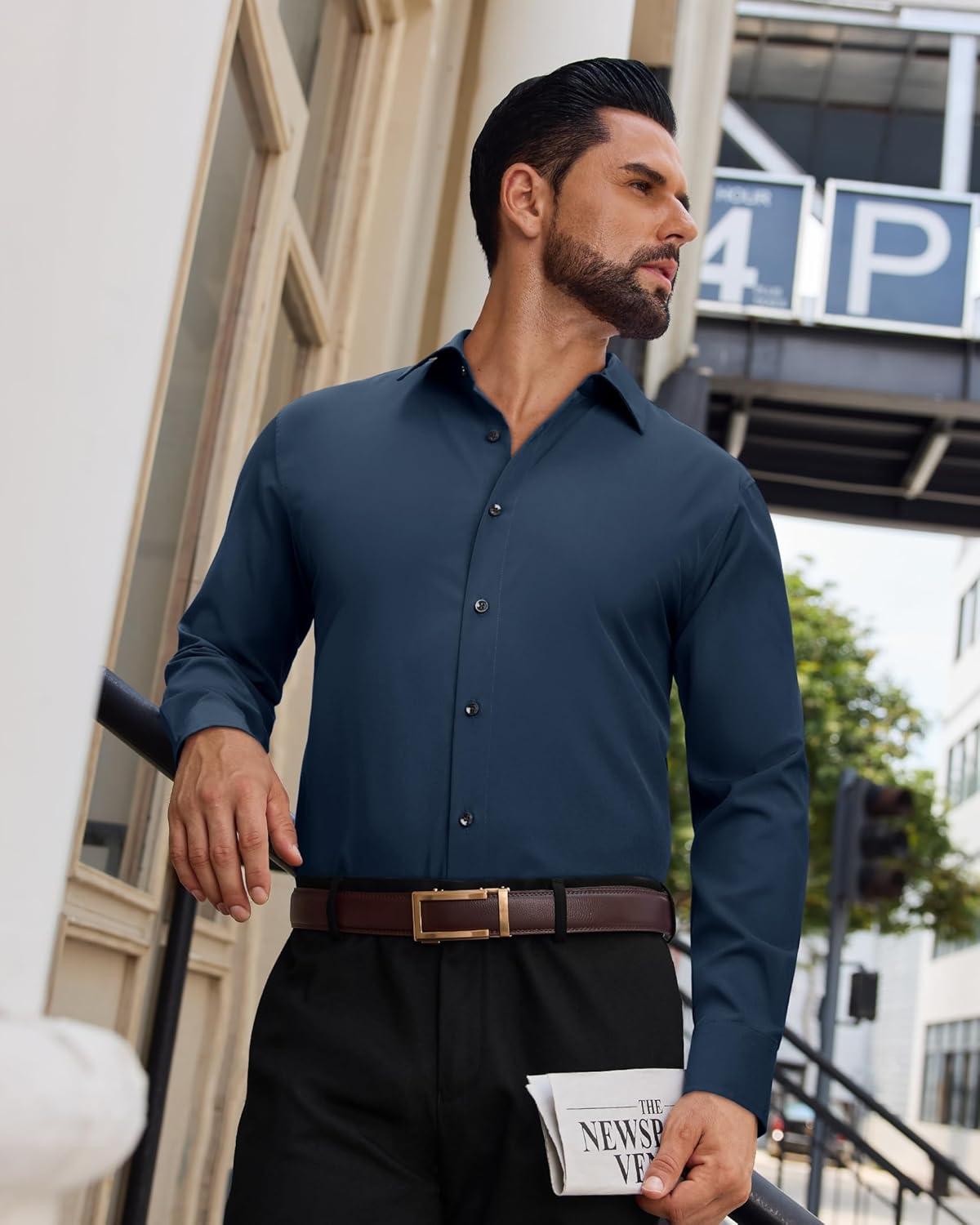imageAlimens amp Gentle Mens Dress Shirts Long Sleeve Wrinkle Free Stretch Solid Button Down Shirt Casual Wedding Dating Dress ShirtNavy Blue