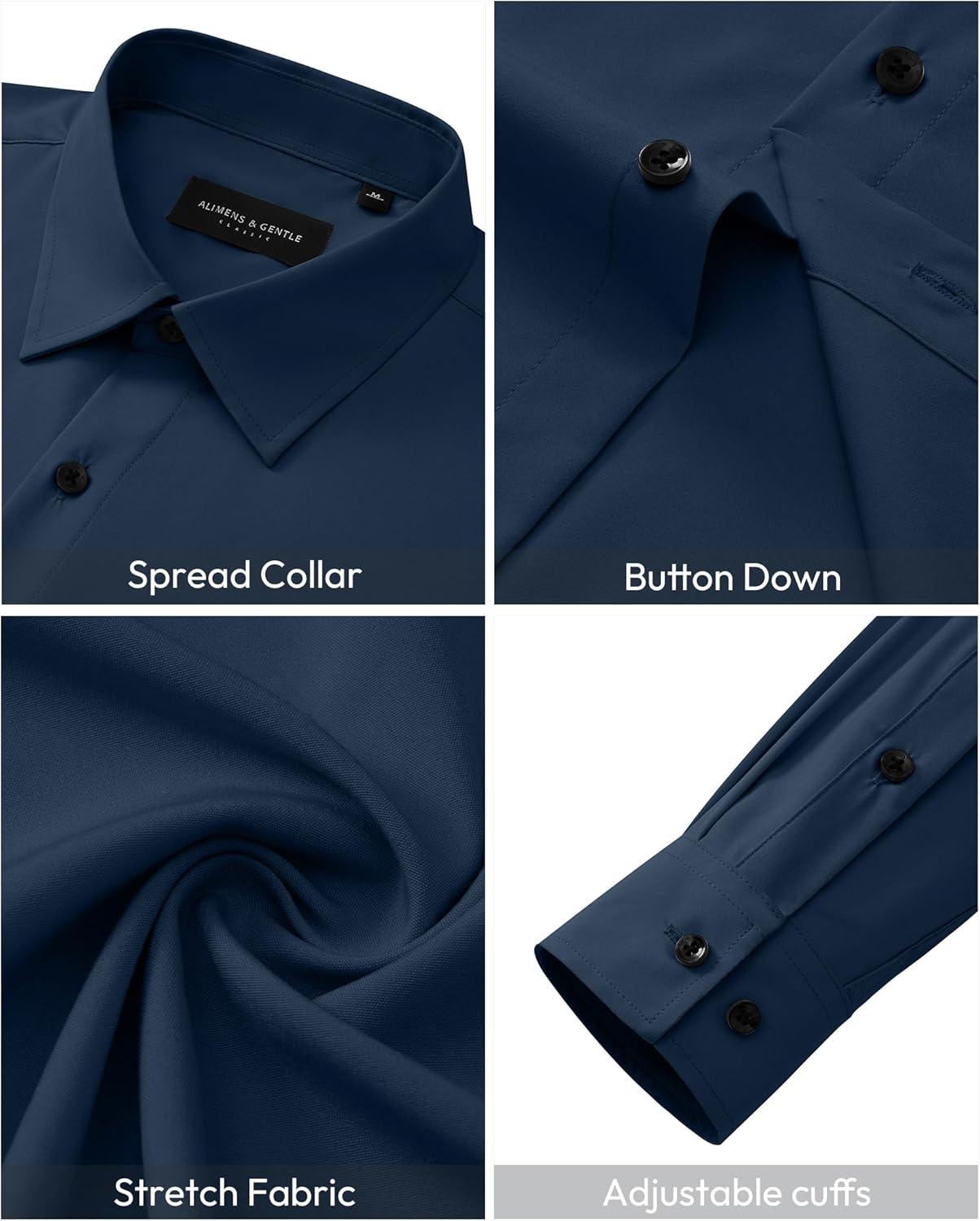 imageAlimens amp Gentle Mens Dress Shirts Long Sleeve Wrinkle Free Stretch Solid Button Down Shirt Casual Wedding Dating Dress ShirtNavy Blue