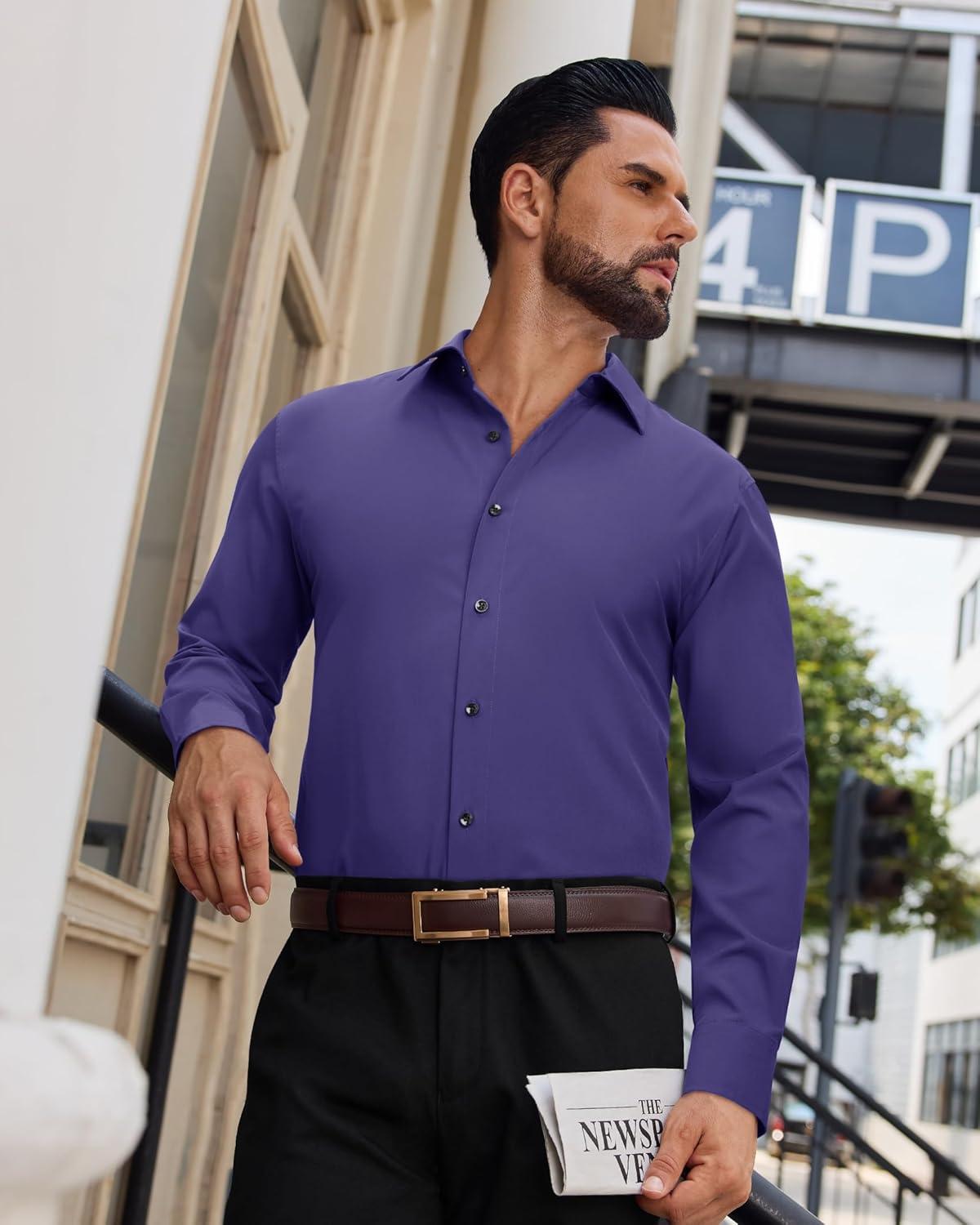 imageAlimens amp Gentle Mens Dress Shirts Long Sleeve Wrinkle Free Stretch Solid Button Down Shirt Casual Wedding Dating Dress ShirtPurple