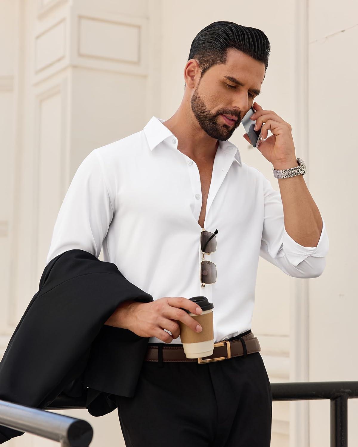 imageAlimens amp Gentle Mens Dress Shirts Long Sleeve Wrinkle Free Stretch Solid Button Down Shirt Casual Wedding Dating Dress ShirtSolid White