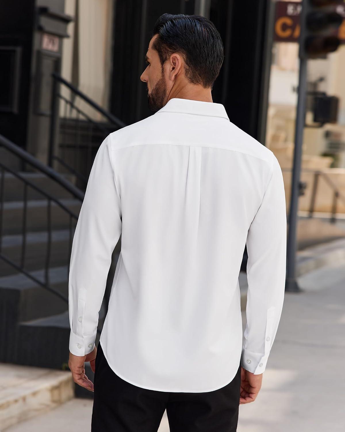 imageAlimens amp Gentle Mens Dress Shirts Long Sleeve Wrinkle Free Stretch Solid Button Down Shirt Casual Wedding Dating Dress ShirtSolid White