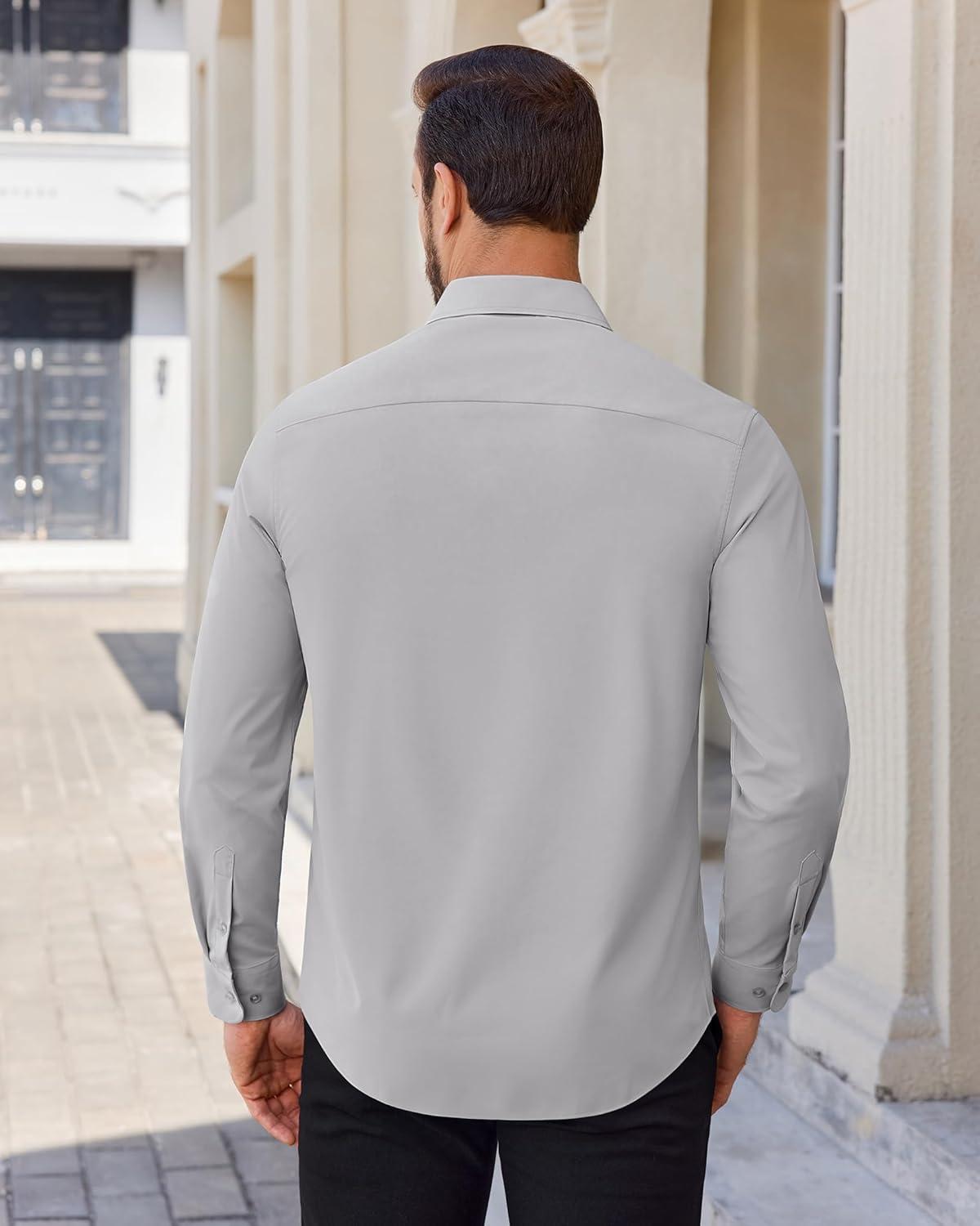 imageAlimens amp Gentle Mens Dress Shirts Stretch Solid Wrinkle Free Button Down Shirt Casual Business Wedding Button Up ShirtLight Grey