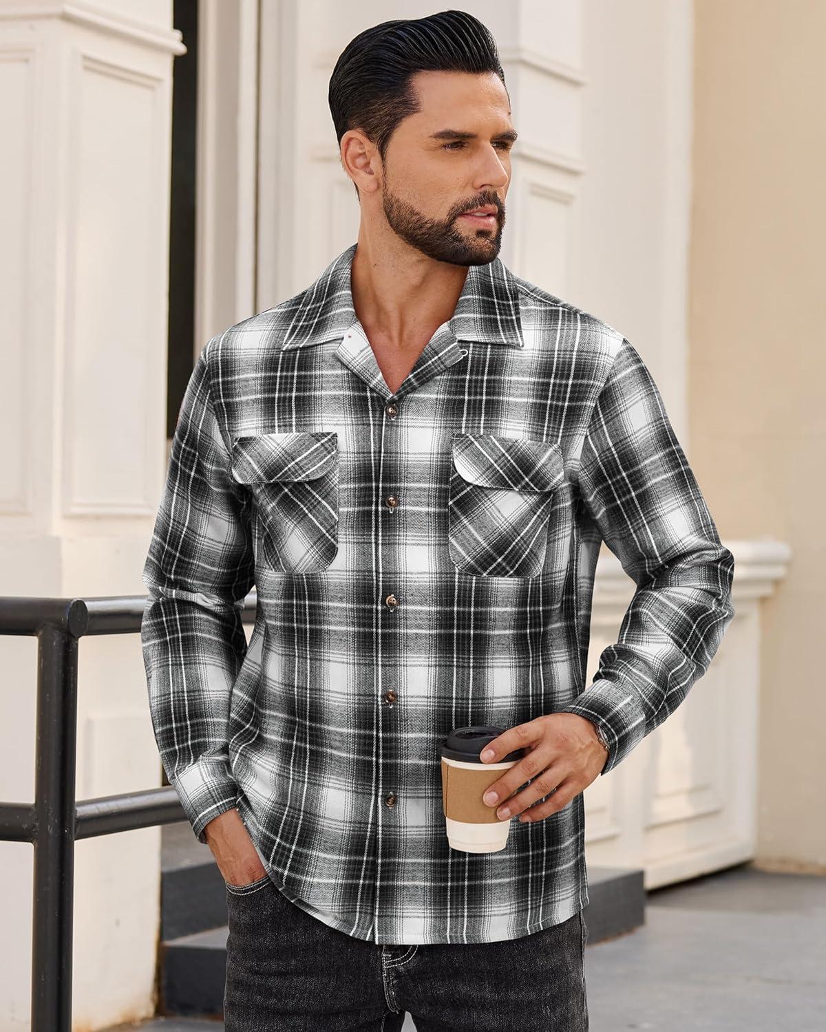 imageAlimens amp Gentle Mens Flannel Shirts Long Sleeve Casual Plaid Button Down Shirt Jacket Work Daily Shackets with PocketsBlack White