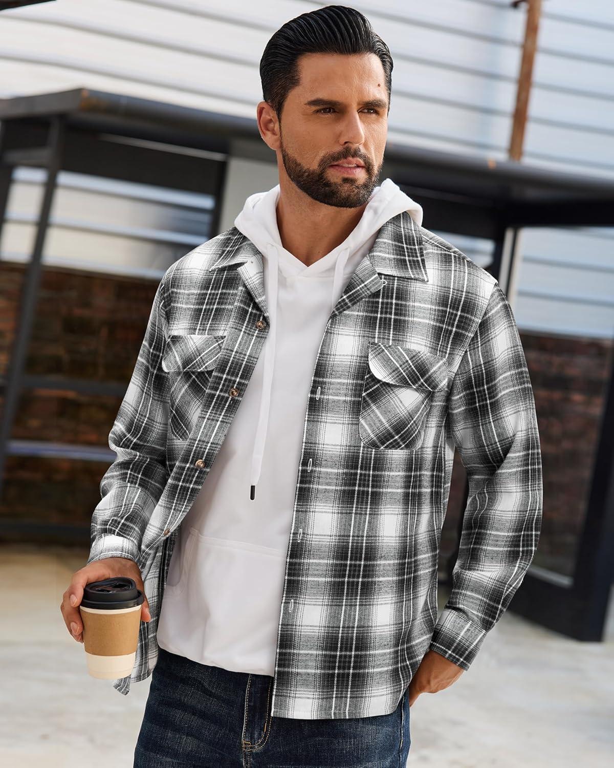 imageAlimens amp Gentle Mens Flannel Shirts Long Sleeve Casual Plaid Button Down Shirt Jacket Work Daily Shackets with PocketsBlack White