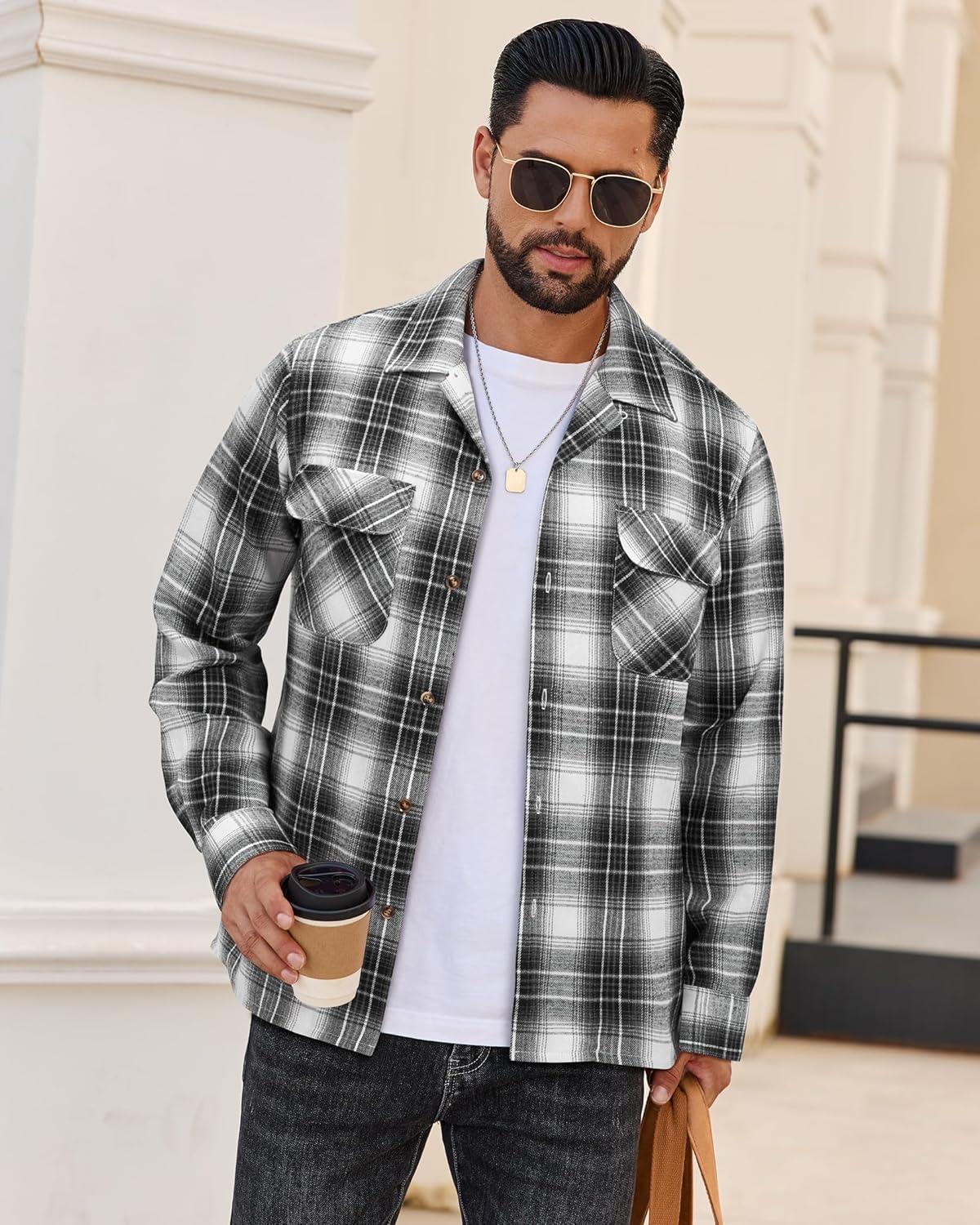 imageAlimens amp Gentle Mens Flannel Shirts Long Sleeve Casual Plaid Button Down Shirt Jacket Work Daily Shackets with PocketsBlack White