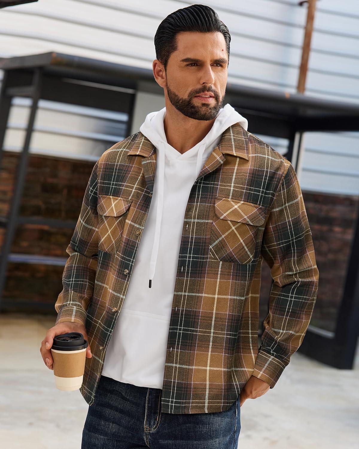 imageAlimens amp Gentle Mens Flannel Shirts Long Sleeve Casual Plaid Button Down Shirt Jacket Work Daily Shackets with PocketsCoffee Brown