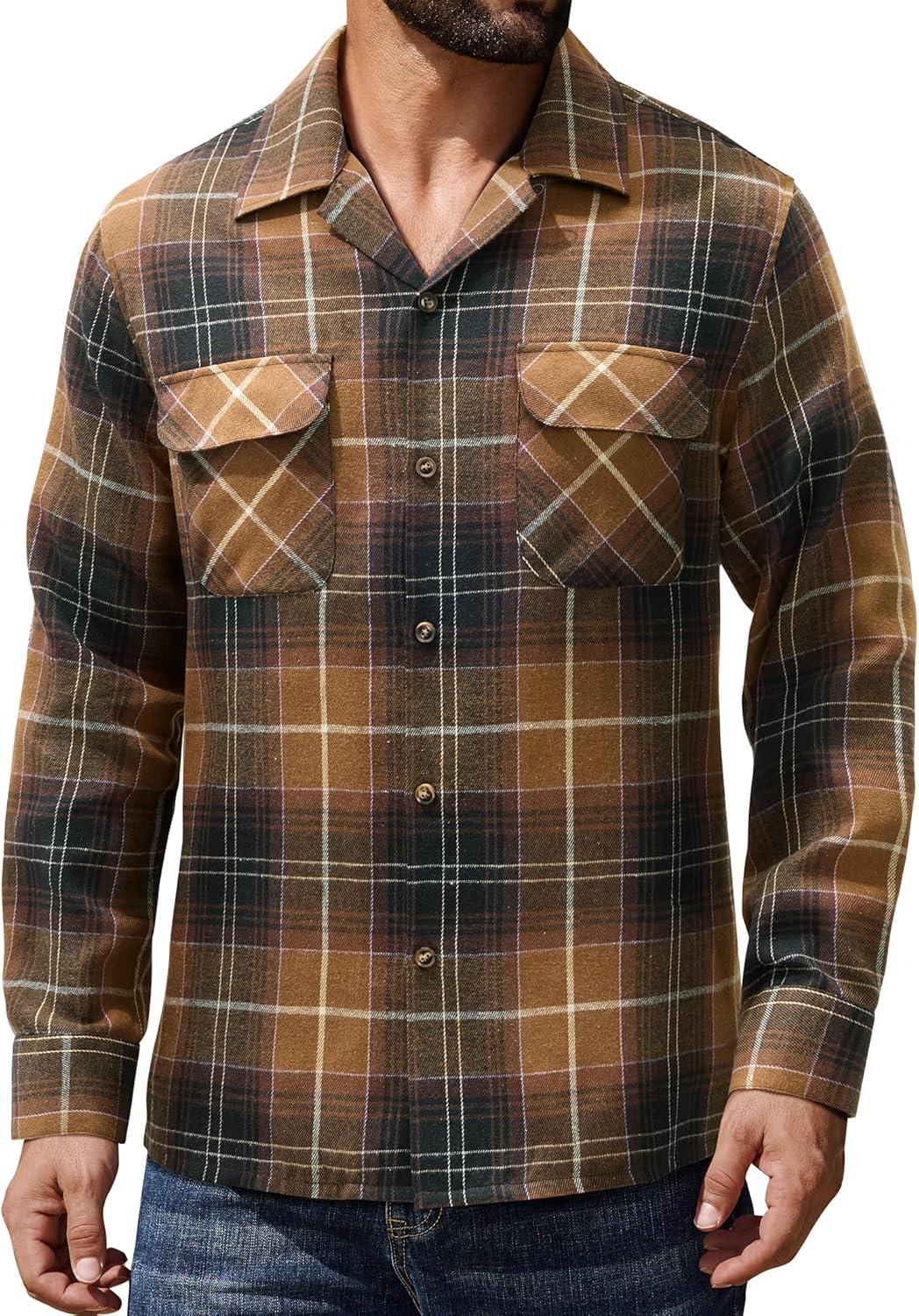 imageAlimens amp Gentle Mens Flannel Shirts Long Sleeve Casual Plaid Button Down Shirt Jacket Work Daily Shackets with PocketsCoffee Brown
