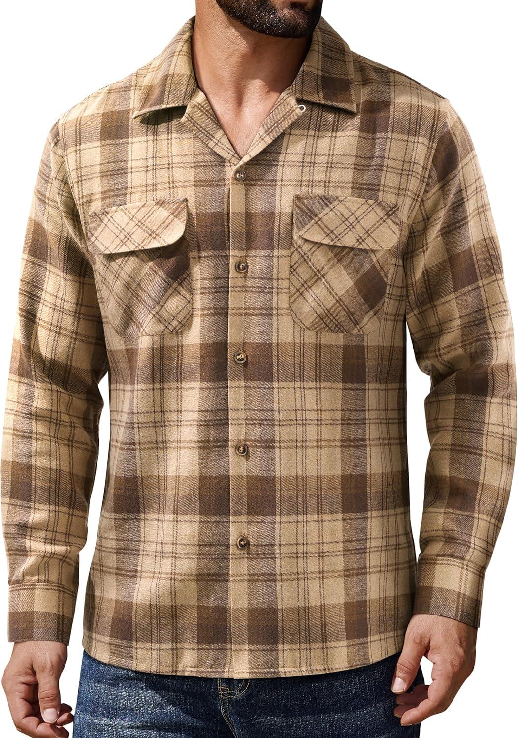 imageAlimens amp Gentle Mens Flannel Shirts Long Sleeve Casual Plaid Button Down Shirt Jacket Work Daily Shackets with PocketsKhaki