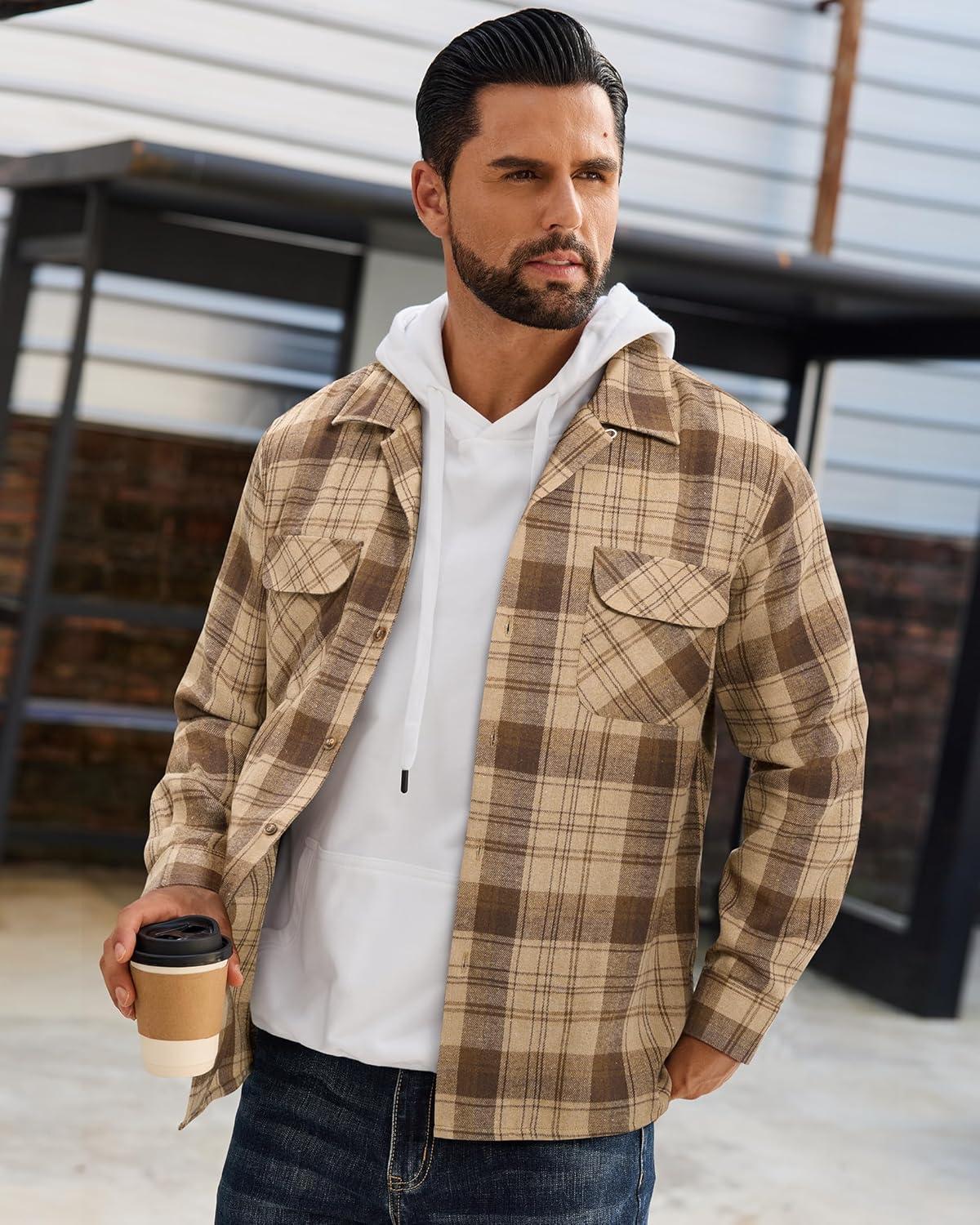 imageAlimens amp Gentle Mens Flannel Shirts Long Sleeve Casual Plaid Button Down Shirt Jacket Work Daily Shackets with PocketsKhaki