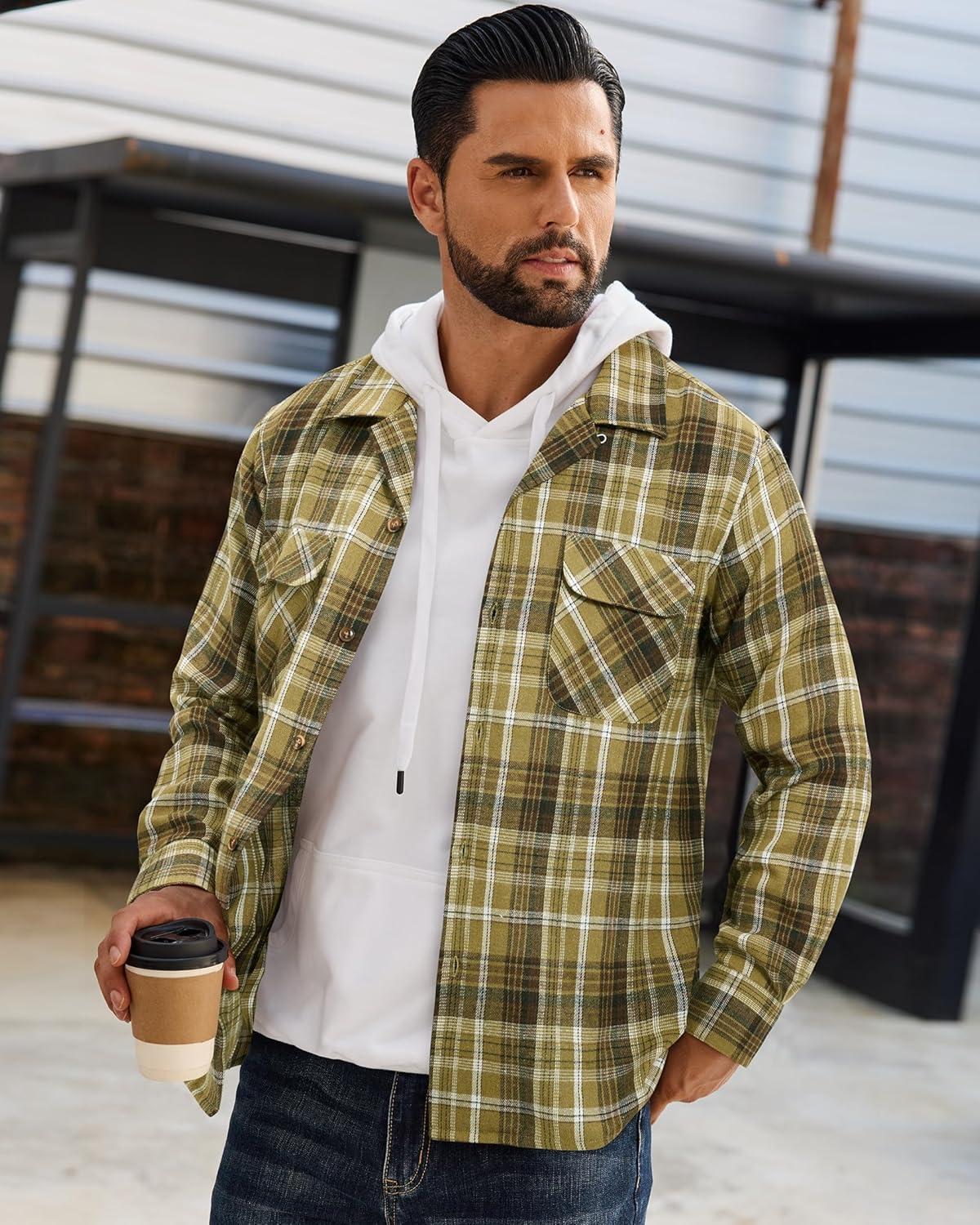 imageAlimens amp Gentle Mens Flannel Shirts Long Sleeve Casual Plaid Button Down Shirt Jacket Work Daily Shackets with PocketsOlive Brown