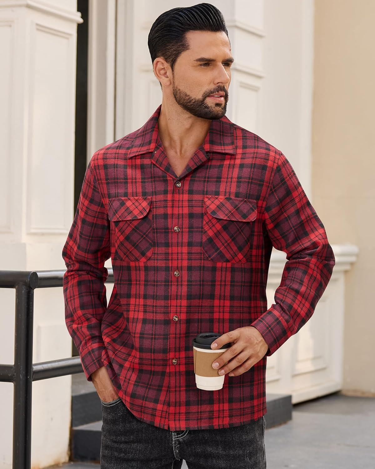 imageAlimens amp Gentle Mens Flannel Shirts Long Sleeve Casual Plaid Button Down Shirt Jacket Work Daily Shackets with PocketsRed Black