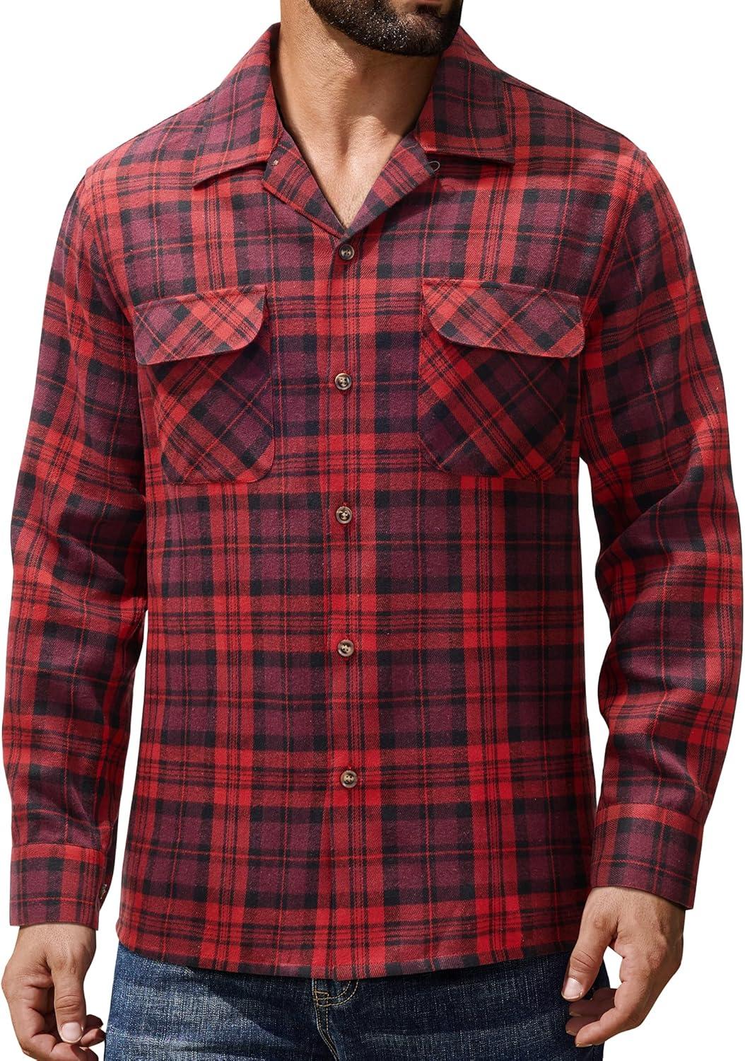 imageAlimens amp Gentle Mens Flannel Shirts Long Sleeve Casual Plaid Button Down Shirt Jacket Work Daily Shackets with PocketsRed Black