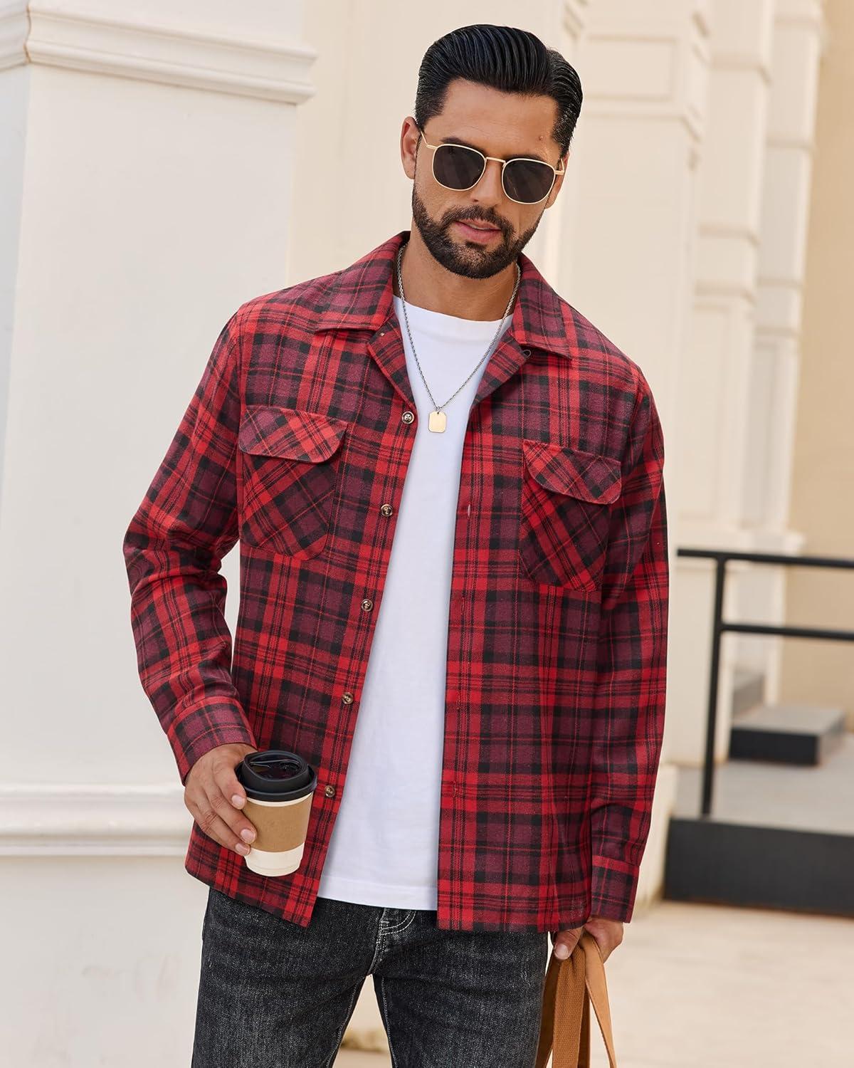 imageAlimens amp Gentle Mens Flannel Shirts Long Sleeve Casual Plaid Button Down Shirt Jacket Work Daily Shackets with PocketsRed Black