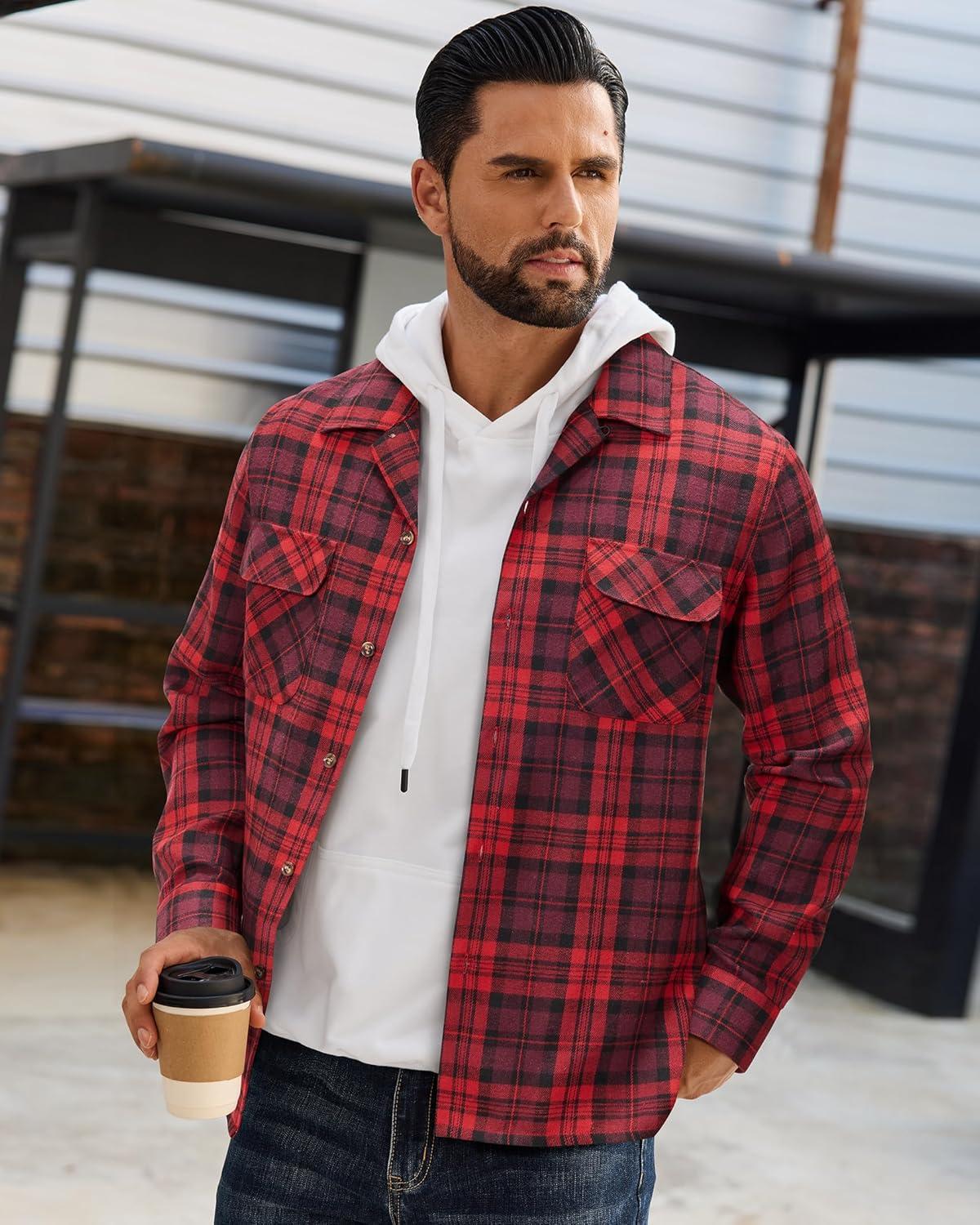 imageAlimens amp Gentle Mens Flannel Shirts Long Sleeve Casual Plaid Button Down Shirt Jacket Work Daily Shackets with PocketsRed Black