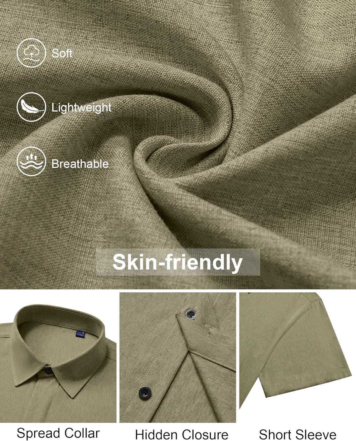imageAlimens amp Gentle Mens Linen Shirt Short Sleeve Button Down Shirt Casual Summer Beach Vacation Wedding ShirtsArmy Green