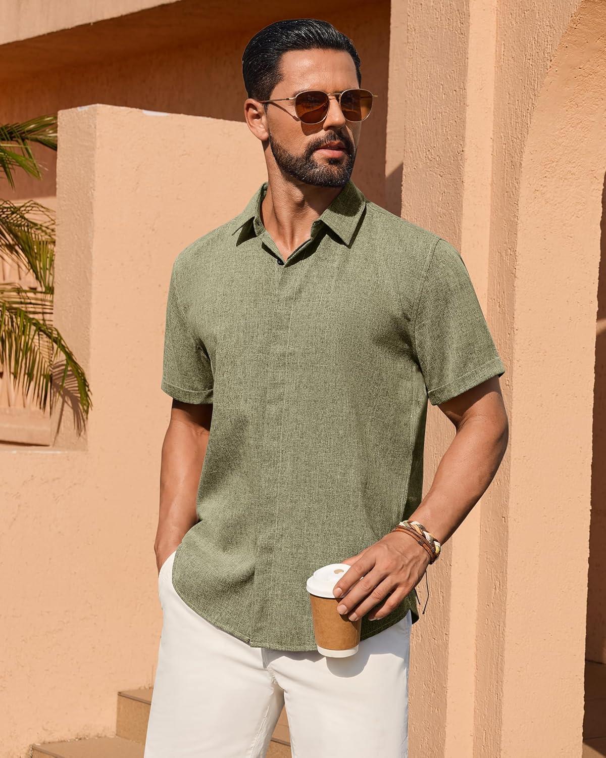imageAlimens amp Gentle Mens Linen Shirt Short Sleeve Button Down Shirt Casual Summer Beach Vacation Wedding ShirtsArmy Green