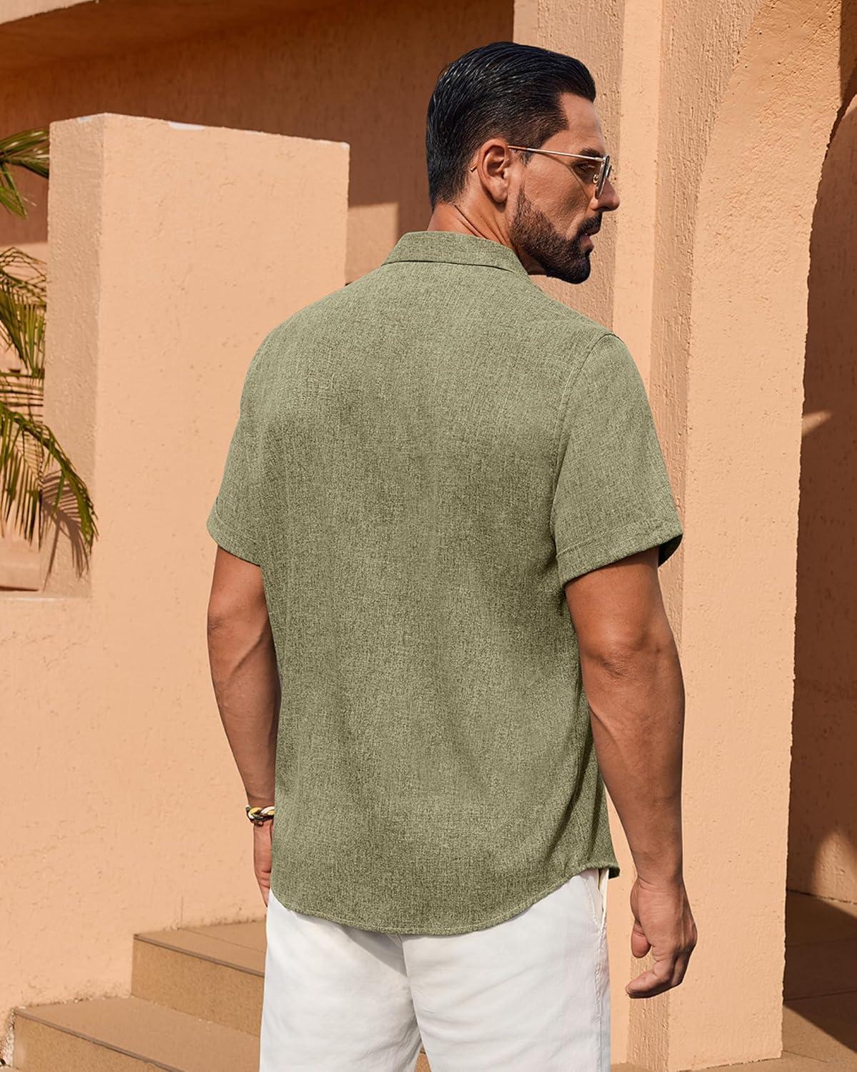 imageAlimens amp Gentle Mens Linen Shirt Short Sleeve Button Down Shirt Casual Summer Beach Vacation Wedding ShirtsArmy Green