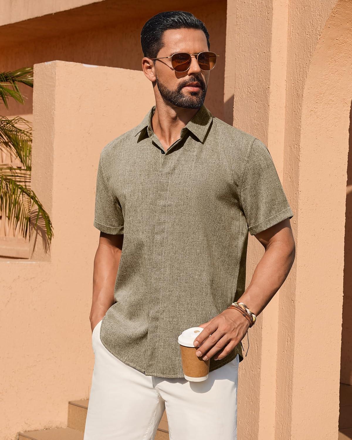 imageAlimens amp Gentle Mens Linen Shirt Short Sleeve Button Down Shirt Casual Summer Beach Vacation Wedding ShirtsBrown