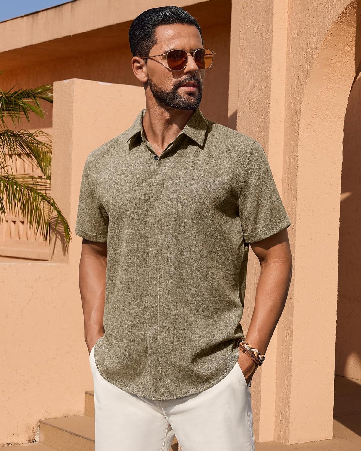 imageAlimens amp Gentle Mens Linen Shirt Short Sleeve Button Down Shirt Casual Summer Beach Vacation Wedding ShirtsBrown