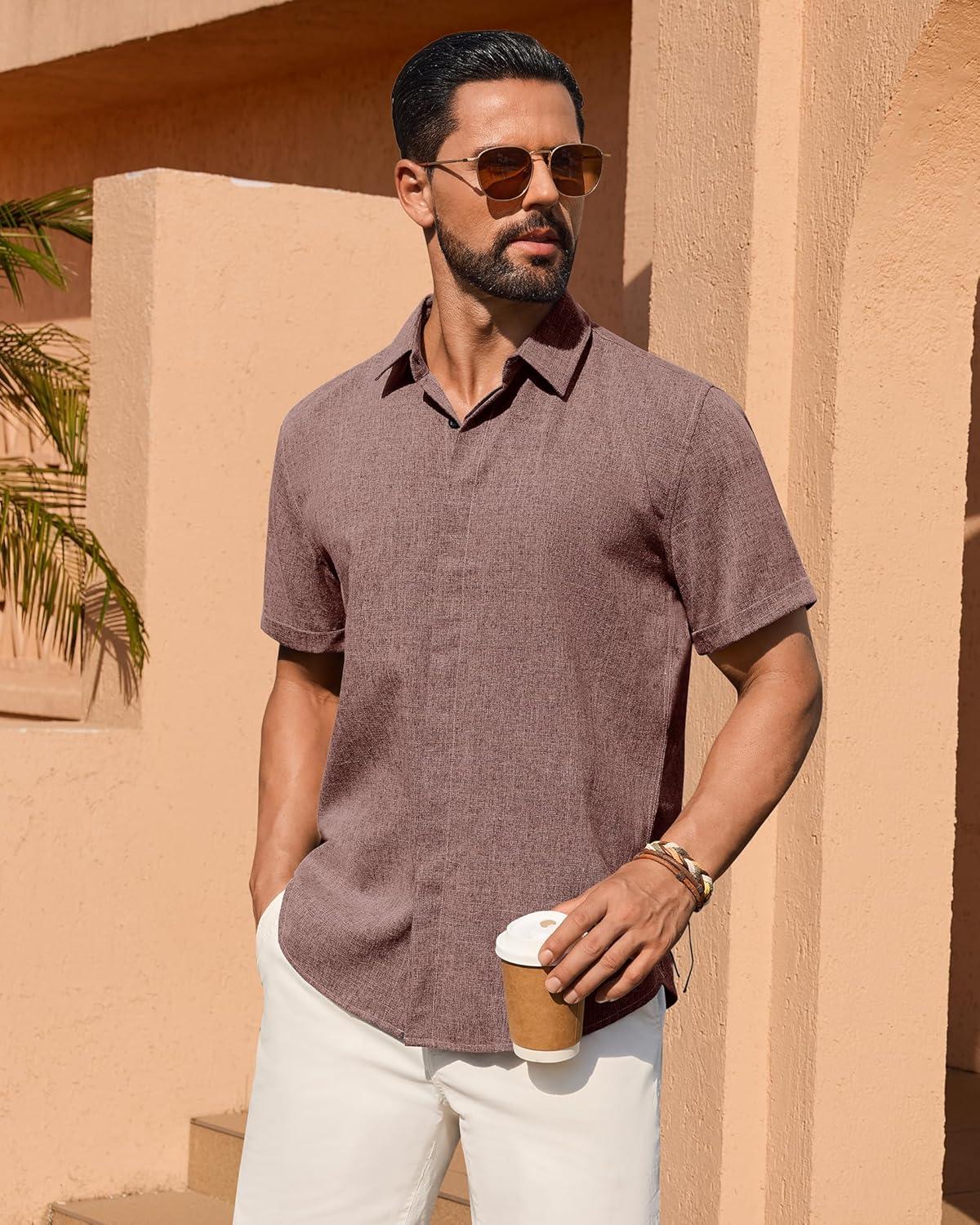 imageAlimens amp Gentle Mens Linen Shirt Short Sleeve Button Down Shirt Casual Summer Beach Vacation Wedding ShirtsBurgundy