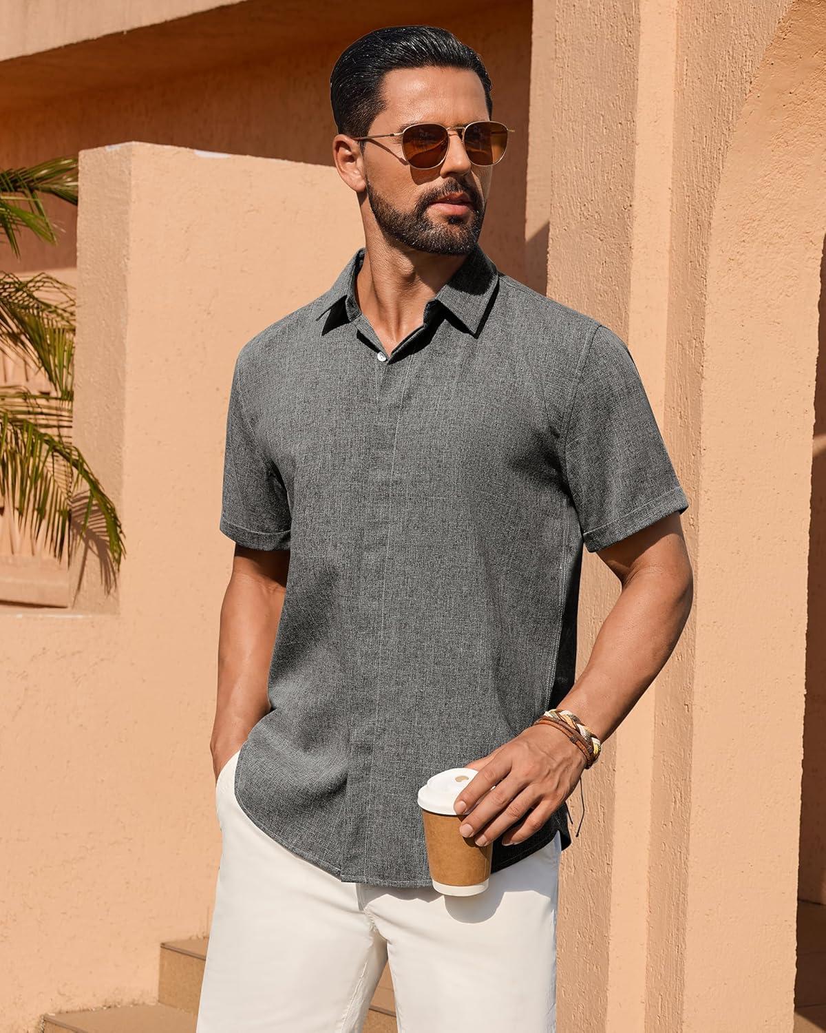 imageAlimens amp Gentle Mens Linen Shirt Short Sleeve Button Down Shirt Casual Summer Beach Vacation Wedding ShirtsGrey