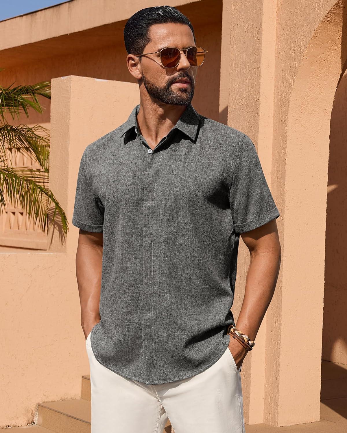 imageAlimens amp Gentle Mens Linen Shirt Short Sleeve Button Down Shirt Casual Summer Beach Vacation Wedding ShirtsGrey